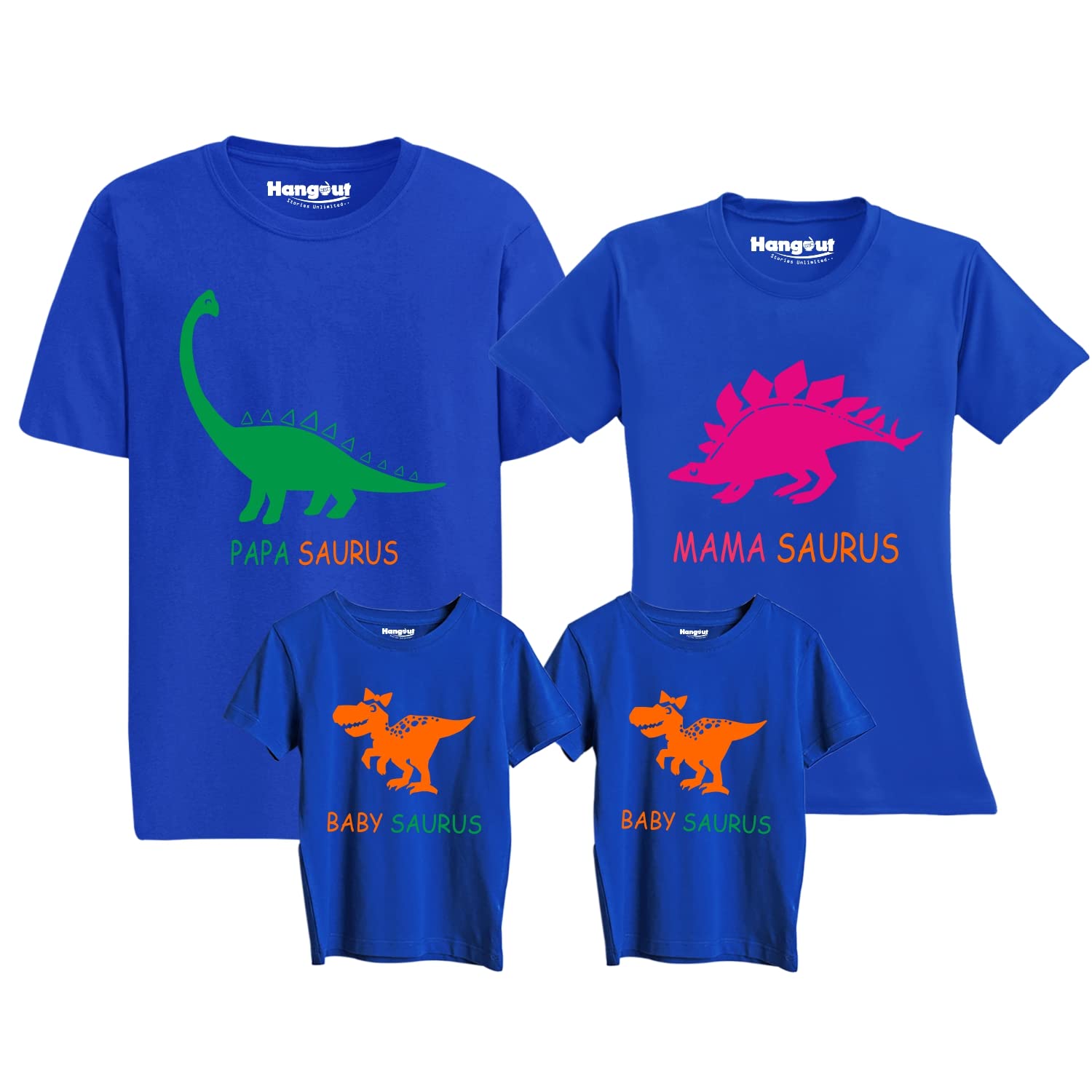 Men's, Women's Boy's & Girl's Cotton Printed Regular Fit T-Shirts|Family T shirts| Set of 4| Papa Mamma Baby Saurus | Blue Color| Matching T Shirts