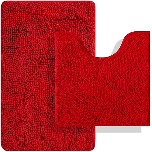 Image of BOANKODU Red Bathroom Rugs Sets 2 Piece, Absorbent Bath Mat for Bathroom Very Soft Chenille Non-Slip, 32x20 Inch + 20x20 Inch U Shape Bathroom Mat, Machine Washable