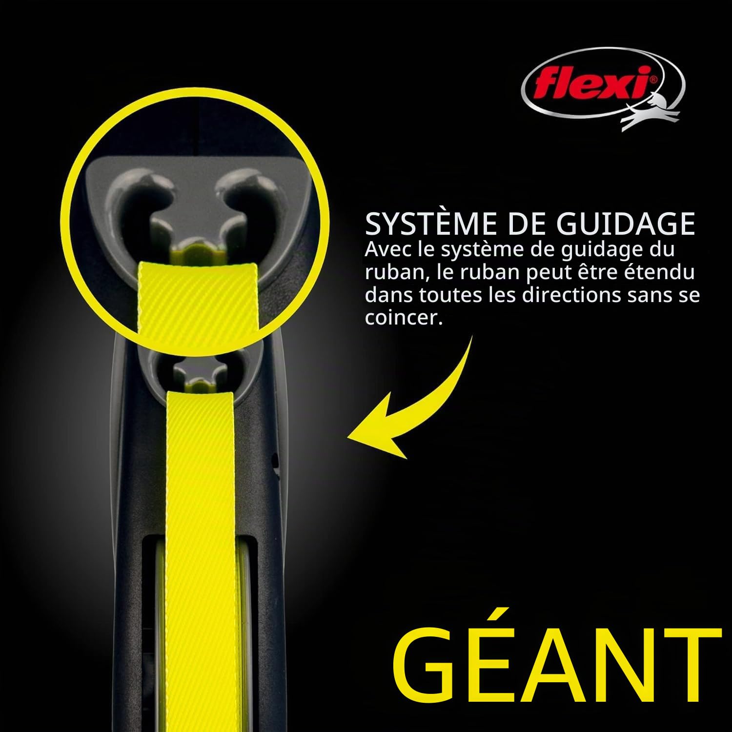 Flexi USA Laisse rétractable géante Fluo (Ruban), Ergonomique, Durable et sans nœuds, pour Chiens pesant jusqu'à 50 kg, 8 m, Taille L, Noir