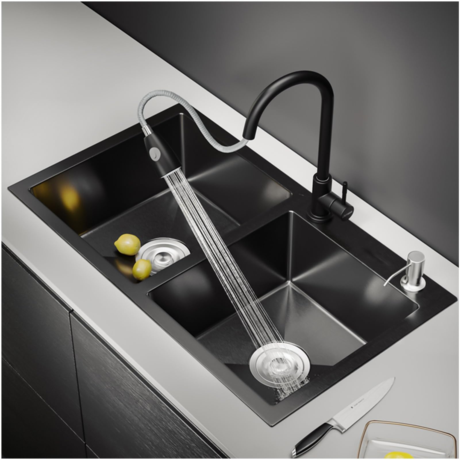 Gljtuo Black Modern Kitchen Sink With Waterfall Tap, Stainless Steel Single Bowl Set With Pressure Washer, Chop Board, Drip Basket And Accessories For Home Use,-Grey B-82X45cm