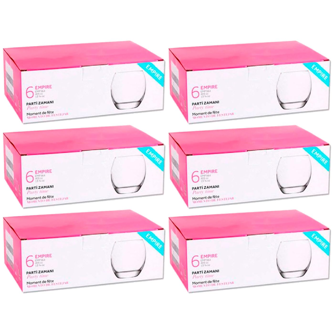Acan Tradineur - Pack de 6 Cajas de 6 Vasos Modelo Empire - Capacidad: 405 ml - Fabricado en Vidrio Resistente - Apto para lavavajillas - Tamaño aprox: Ø 7 x 9,5 cm - 36 Uds Totales.