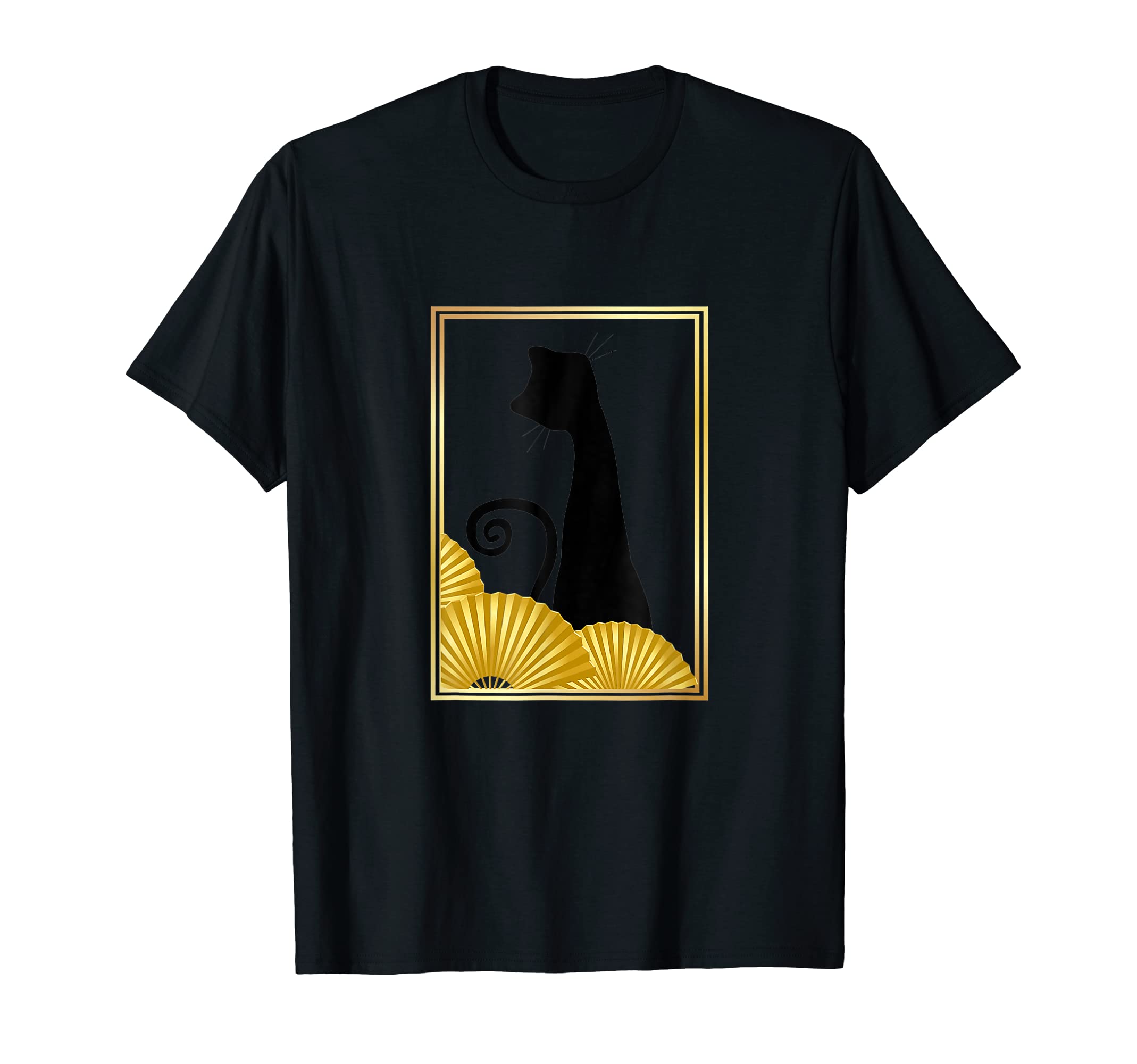 Funky East Asian Style Black Cat In Frame With Gold Fan T-Shirt