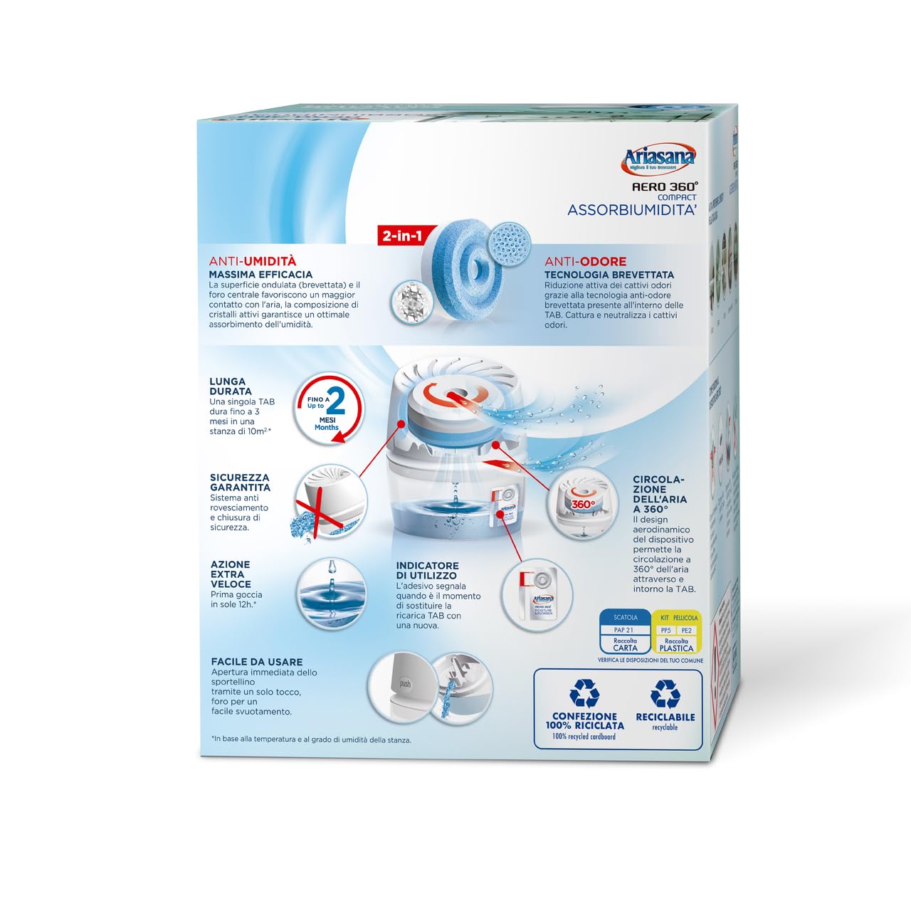 Ariasana Assorbiumidità Aero 360° Compact Turchese Colour Collection, 1 Deumidificatore e 1 Tab di ricarica 450g, Assorbiumidità per la circolazione dell'aria, Deumidificatore casa contro l'umidità