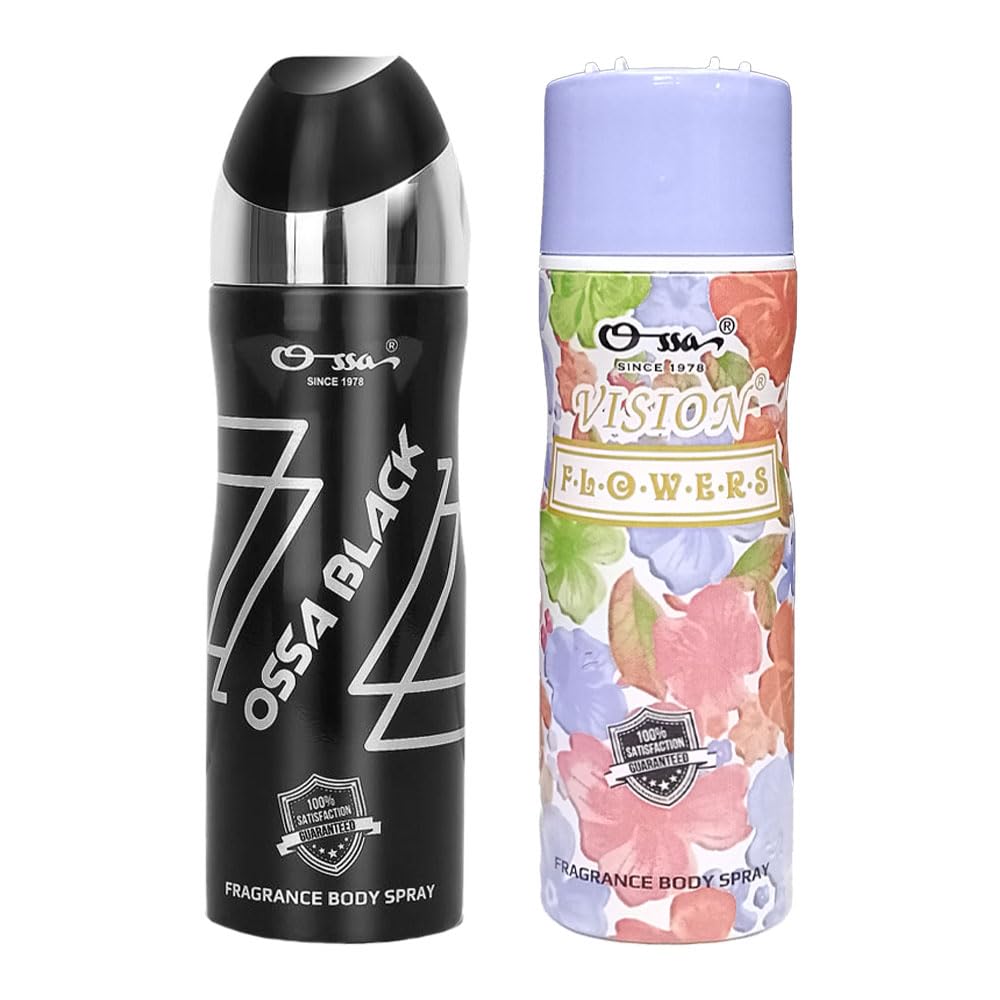 Ossa Black Body Spray 200ml And Vision Flower Body Spray 200ml | Premium Deodorant Combo For Men And Women | Long Lasting Fragrance for All Day Elegance and Sophistication (Pack of 2)