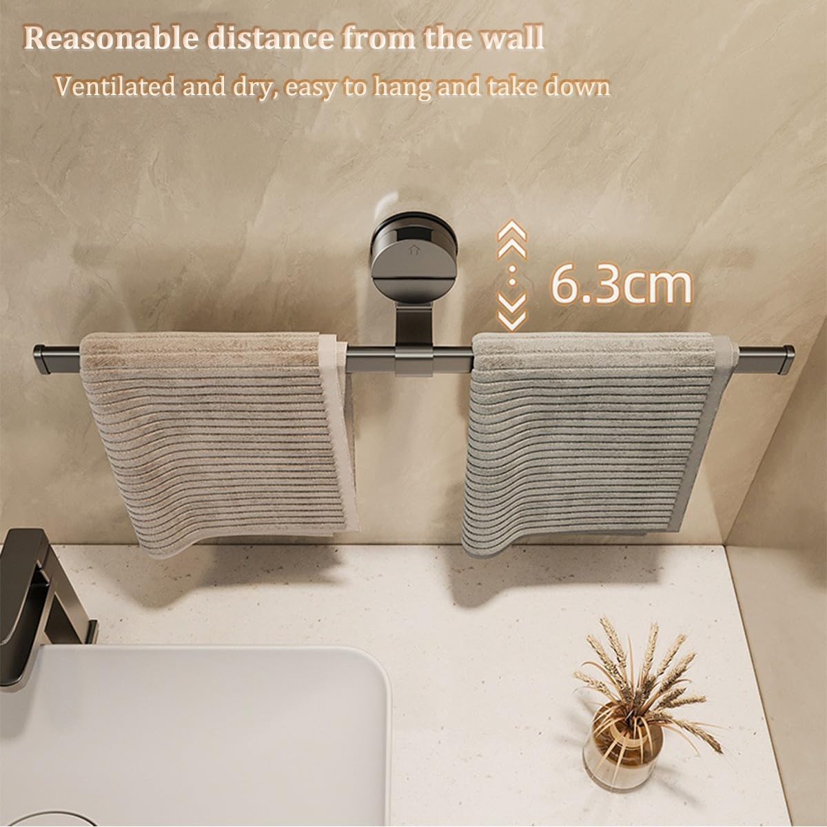 Wieszak na ręczniki bez wiercenia do łazienki i kuchni - 50 cm kosmiczny aluminiowy wieszak na ręczniki, uchwyt na ręczniki z przyssawką, trwały wieszak na ręczniki, łatwy w instalacji drążek na