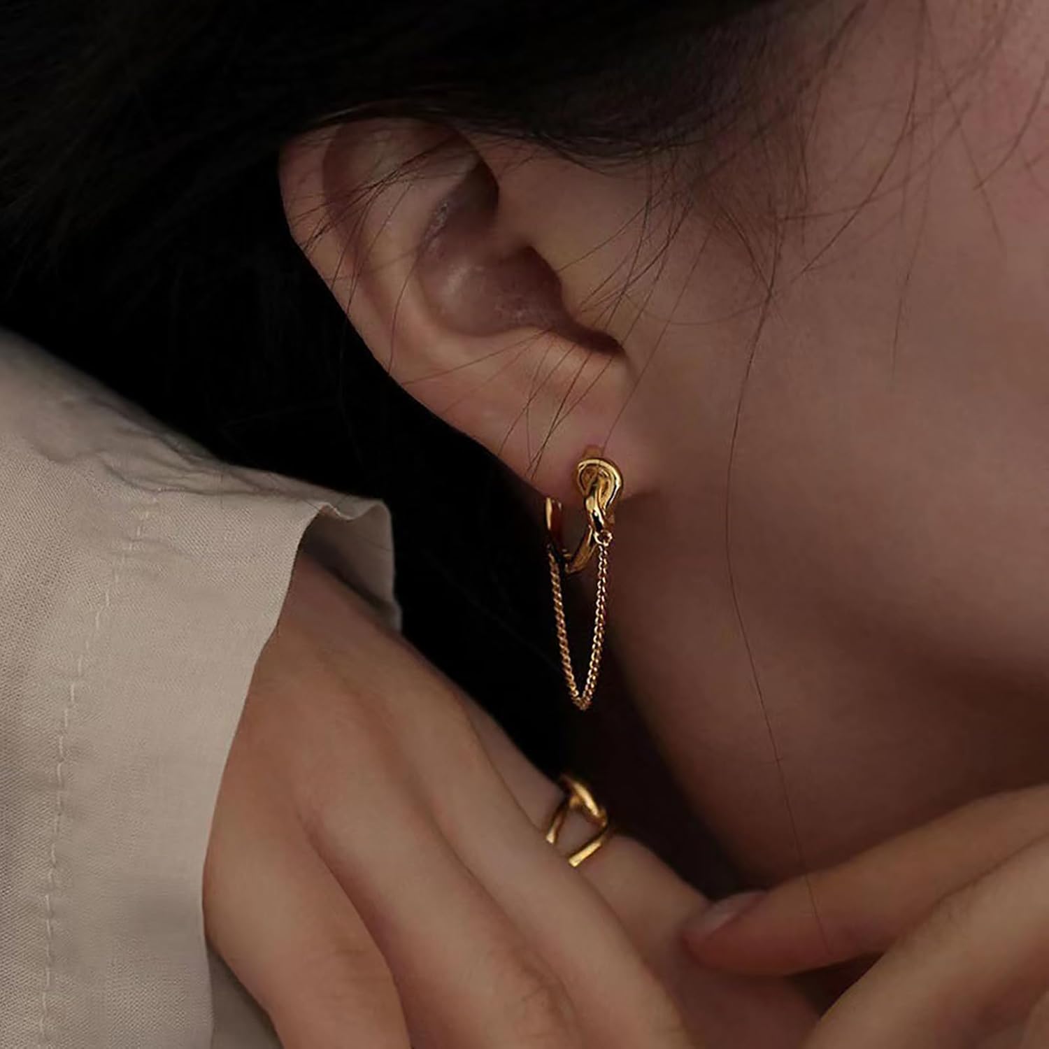 925 Sterling Silver Chain Earrings for Women Hypoallergenic 14K Gold Plated Love Knot Hoop Huggie Earrings Valentines Earrings Dangle Drop Eariings Jewelry Bridesmaid Valentines Day Mothers Day Gifts - Image 3