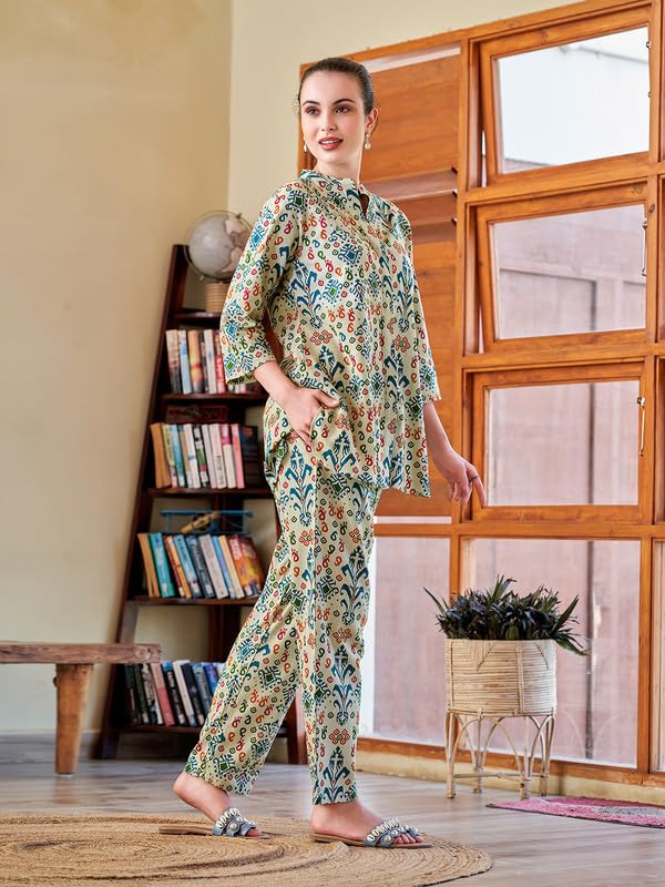 Image of Cotton Relaxed Fit Shirt & Trouser Co-Ord Set for Women |Front Openable Button and 3 /4 Sleeve Shirt |Two Pockets and Elasticated Waist Trouser | Casual Wear and Everyday Wear