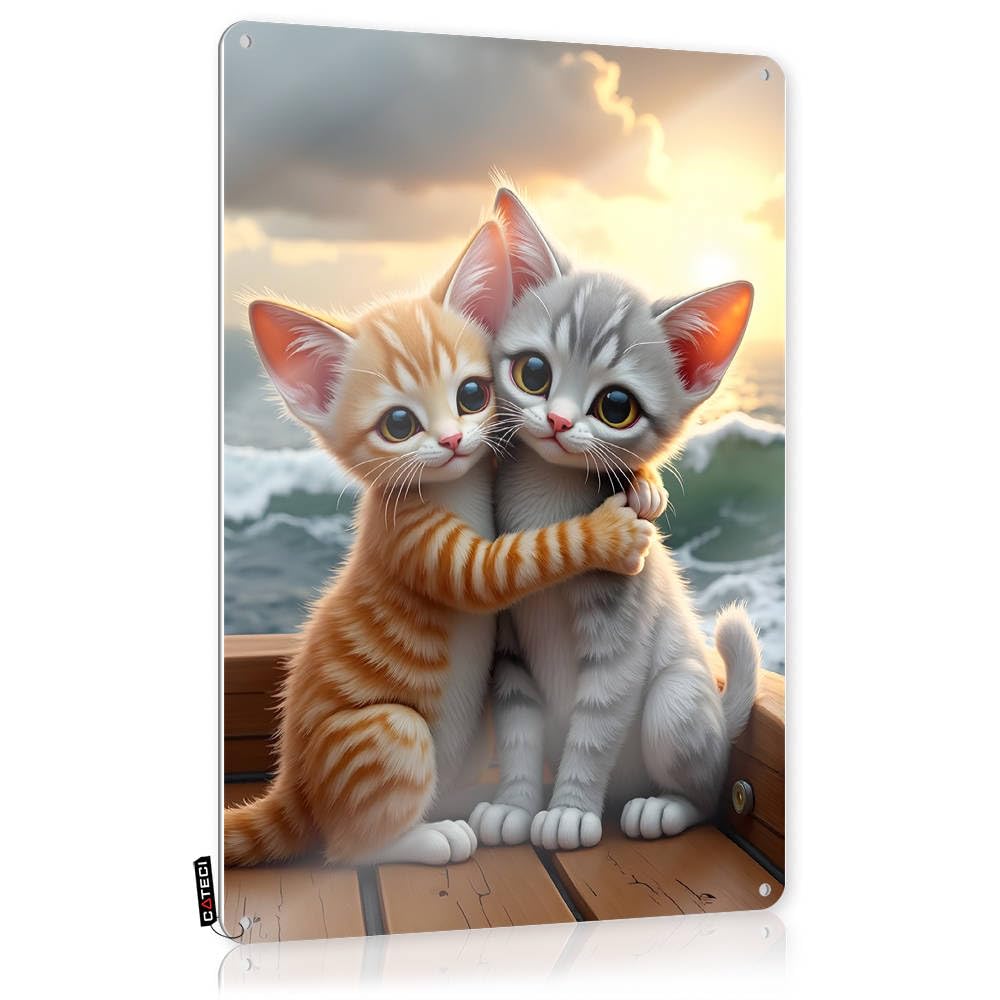 Fzfn Colour Life Matal Sign Designer | Sunset Serenity: Two Kittens Embrace By The Sea Retro Workshop Decoration(30X40cm)