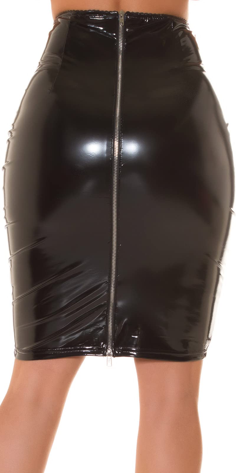 Jupe midi aspect latex brillant taille haute crayon fermeture éclair