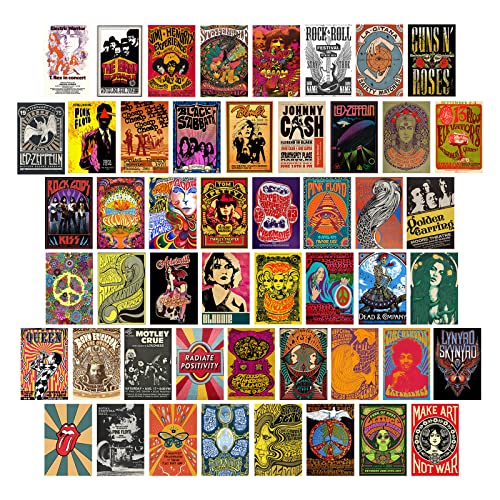 PERLAVIE Vintage rock poster Album covers for room aesthetic 50pcs Retro band wall collage kit 70s 80s 90s music Poster Room Decor, punk rock posters collection,Rock band posters for wall decor 4x6''