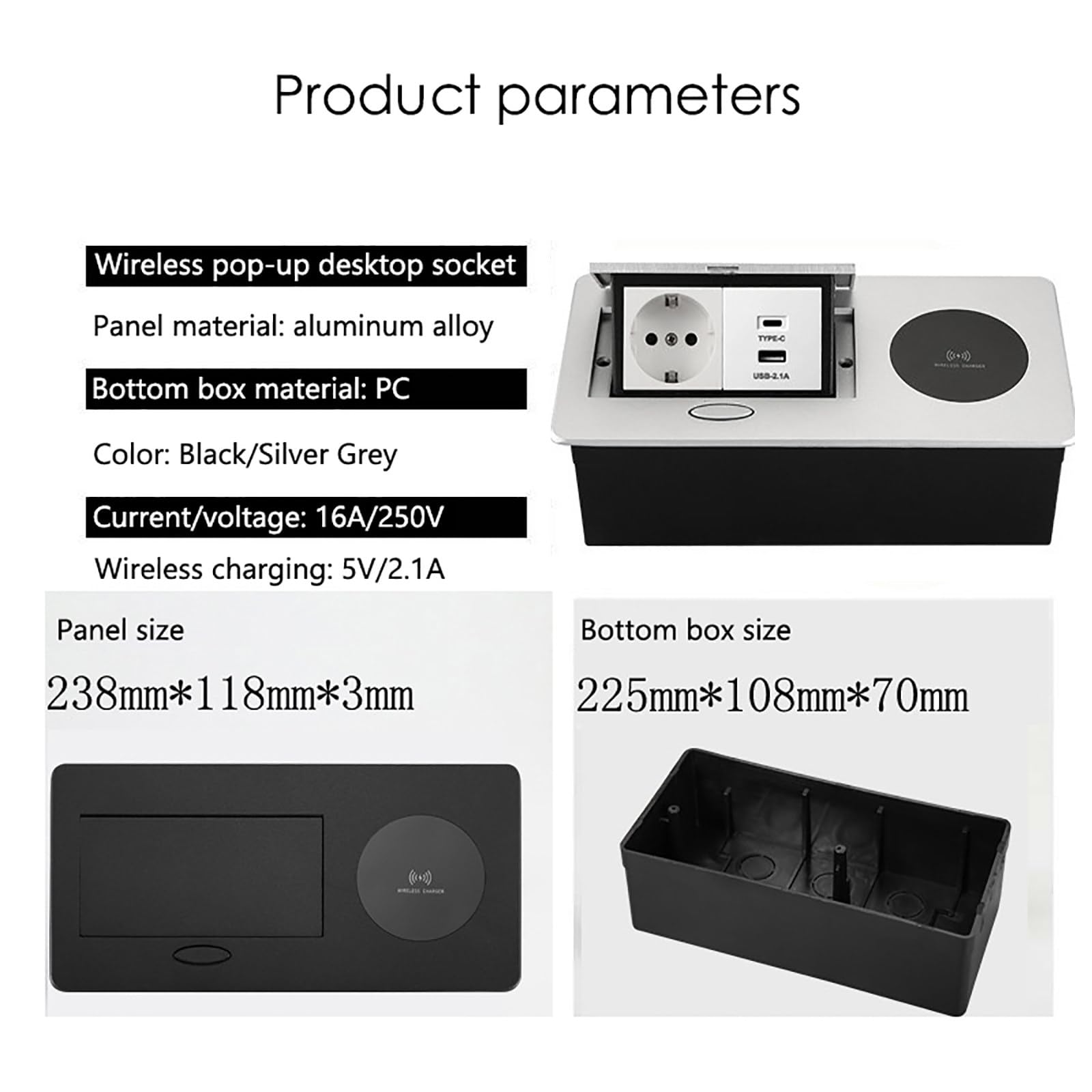 Gniazdo Na Biurko, Listwa ZasilająCa Z Wbudowanym Gniazdem, Z łAdowaniem Bezprzewodowym 15 W + Gniazdo + Interfejs Usb + Typu C, Do BlatóW, PodłóG, Kuchni, Biurek C