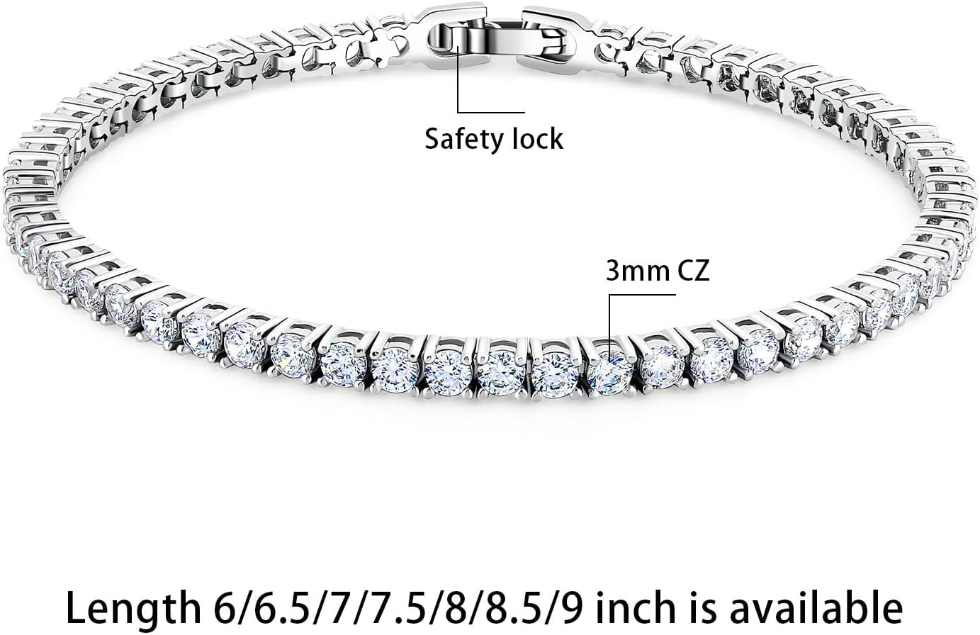 14K White Gold Plated Cubic Zirconia Classic Tennis Bracelet for Women 3mm-4mm CZ, Size 6-9 Inch - Image 2