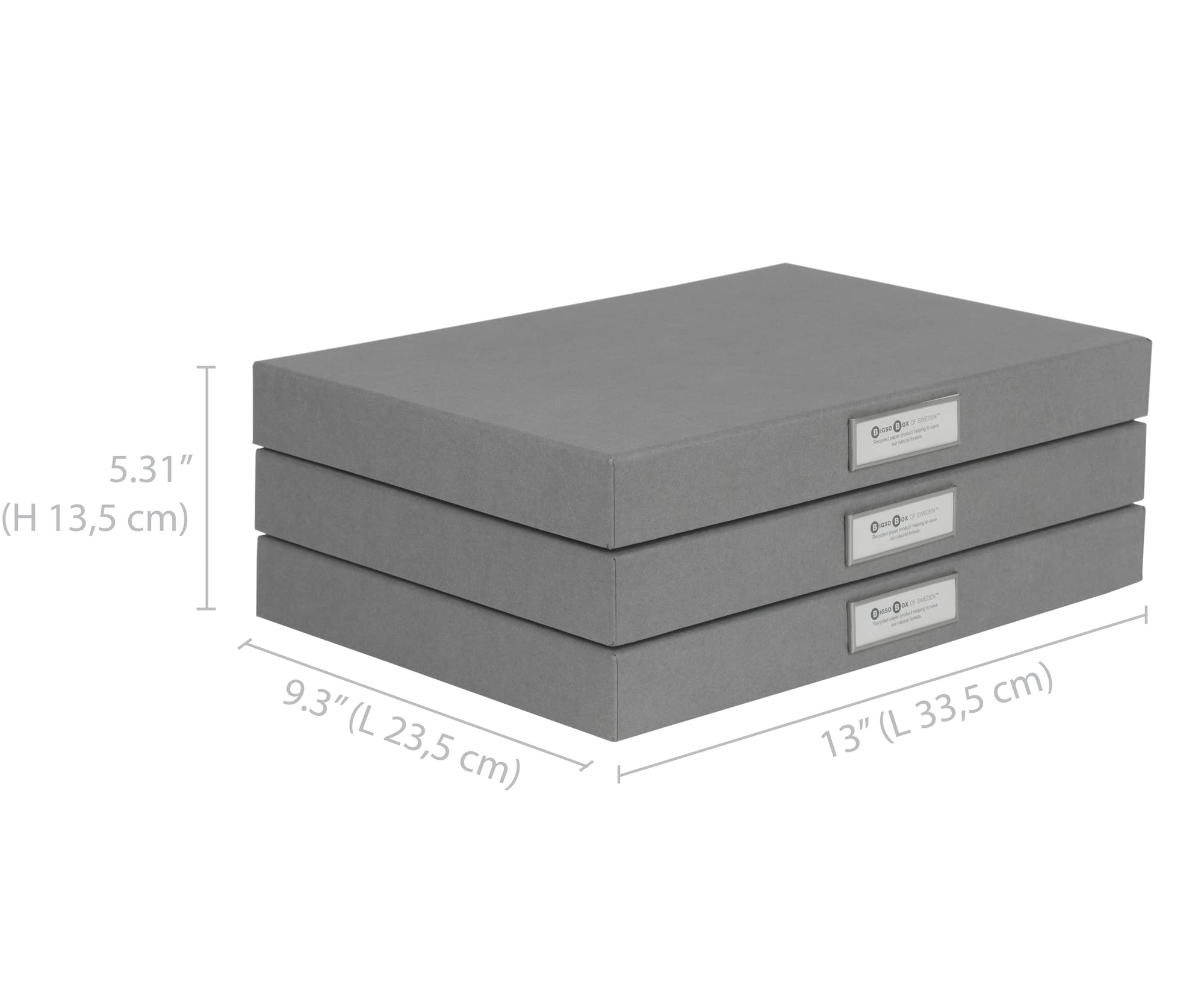 Bigso Sven Klassische aufklappbare Dokumentenbox aus Faserplatte – Aktenordner für wichtige Papiere – Dokumenten-Aufbewahrungsbox mit Klappdeckel und Etikettenfenster – 4,6 x 33,5 x 23,6 cm – 3 Stück
