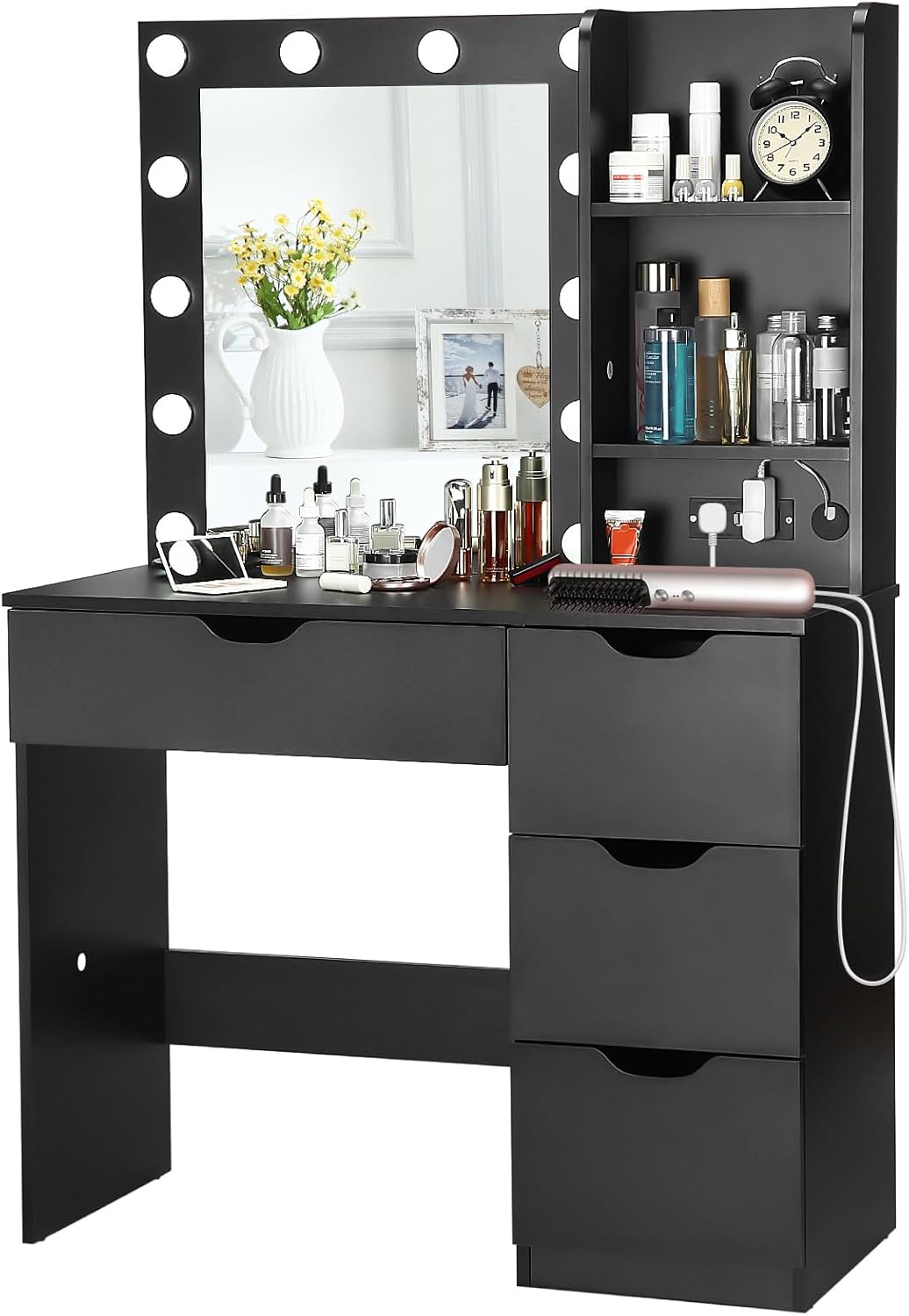 Small Vanity Desk,35.4" W x15.2 D x55.1H,Vanities with HD Mirror and 3 Adjustable 12 LED Light,Girls Vanity with Power Outlet,4 Drawers,3 Open Shelves,for Bedroom,Dressing Room .Black.