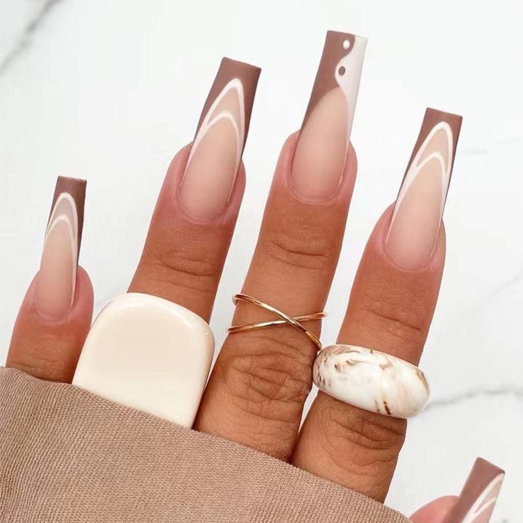 Foccna Coffin Fake Nails Extra Long Nude TaiChi Press on Nails Acrylic False Nails With Sticker Prom Women's Nails Matte False Nail - Tips 24 pcs