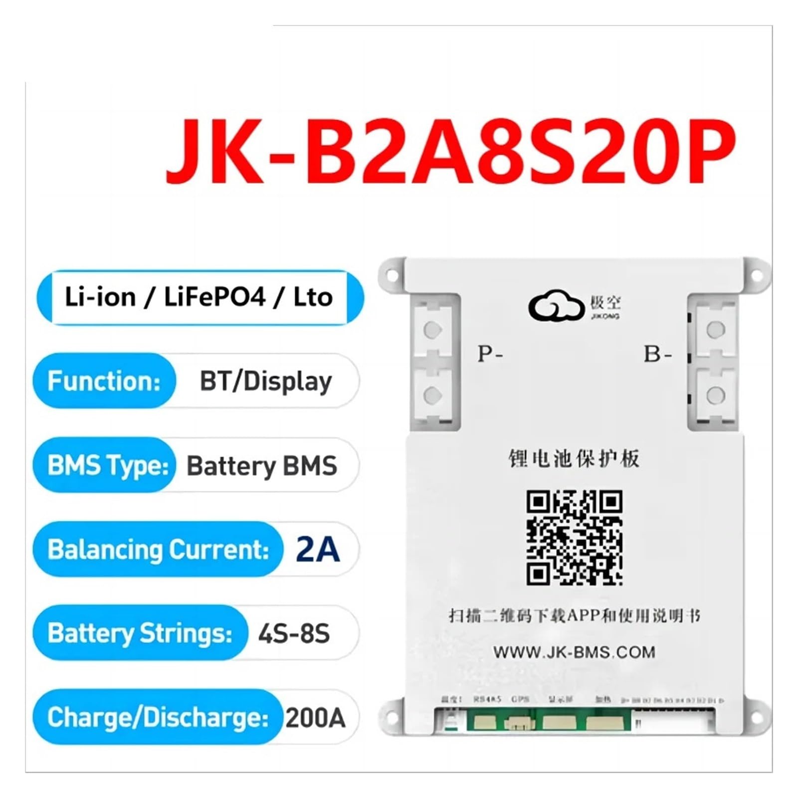 Smart BMS 200A B2A8S20P/B2A8S20P-HC, 8S 24V Active Balance 2A for Lifepo4 Lithium Ion Battery RS485 CAN App BT(B2A8S20P)