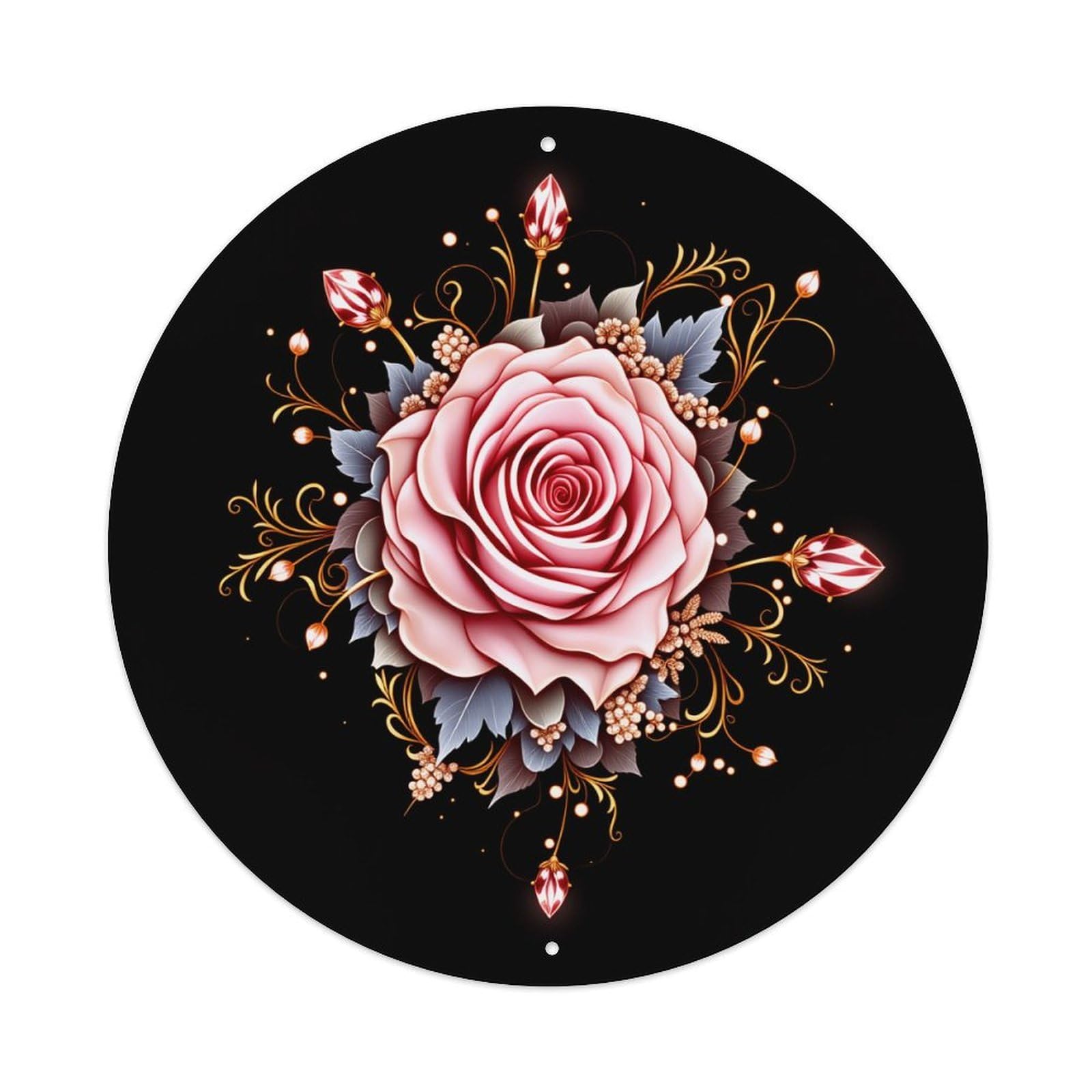Wmlzdnwr Vintage Pink Rose With Gold Accents And Crystal Details Round Tin Sign,Retro Wall Art,Metal Poster For Home, Bar, Garage, Cafe, Rustic Indoor & Outdoor Decor, 8X8 Inches