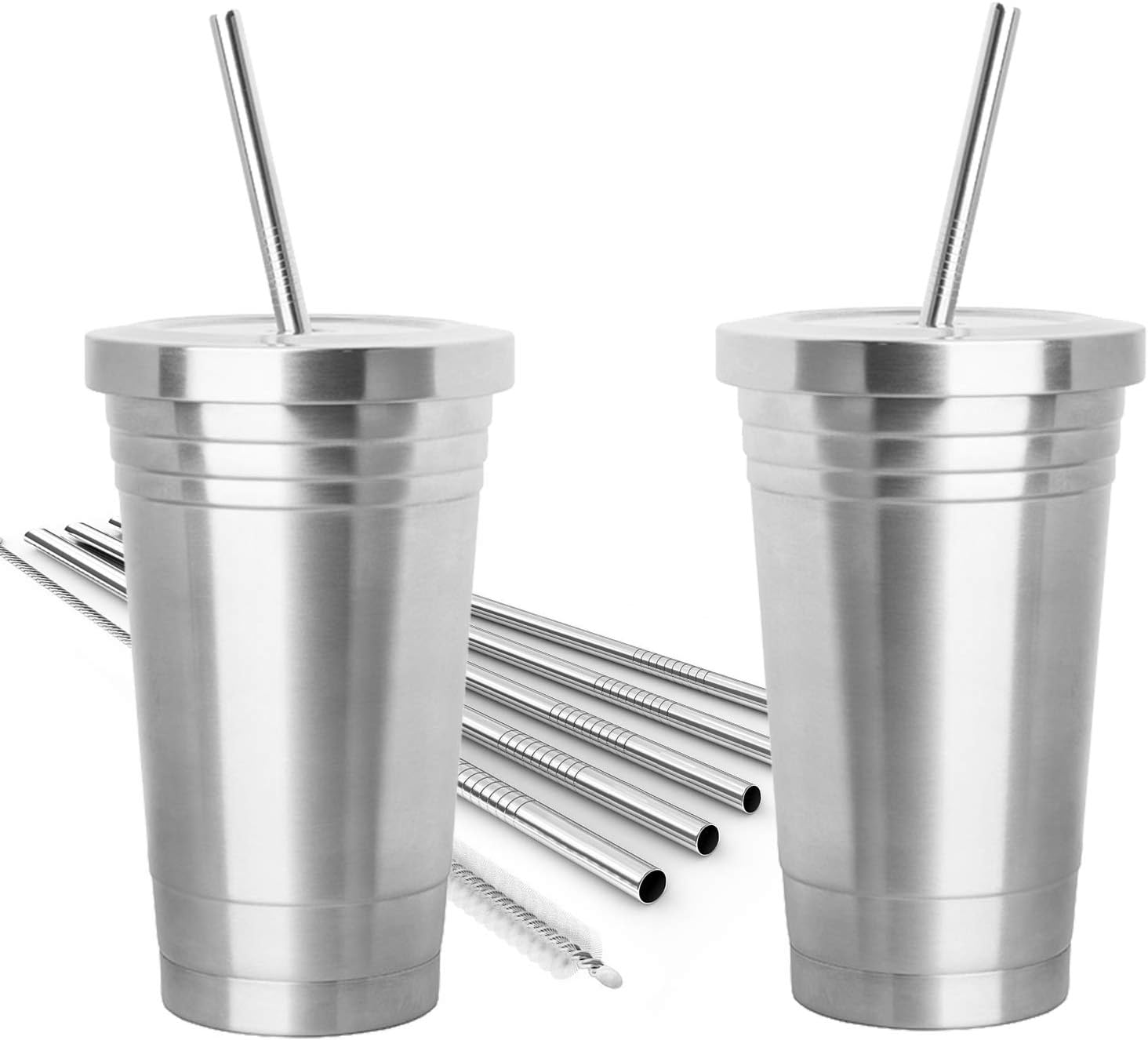 2 Pack 16oz Stainless Steel Tumblers with Straws Insulated and Leak