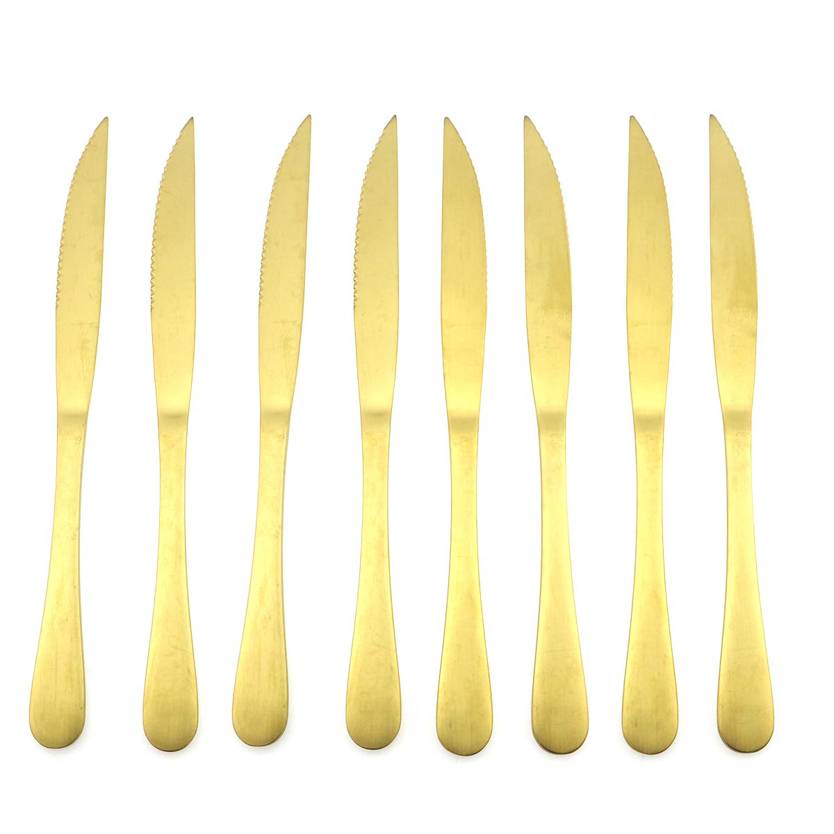 Puzhler Steak Knife Set 8 Piece Flatware Stainless Steel 9-inch Heavy Duty Forged Serrated Knives Service for 8 Multicolor Silverware for Home Kitchen(Gold)