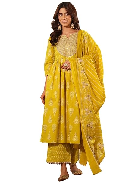 Amayra Women's Pure Cotton Printed Straight Kurta Set with Palazzo Pants & Dupatta- Ethnic Wear, Pink