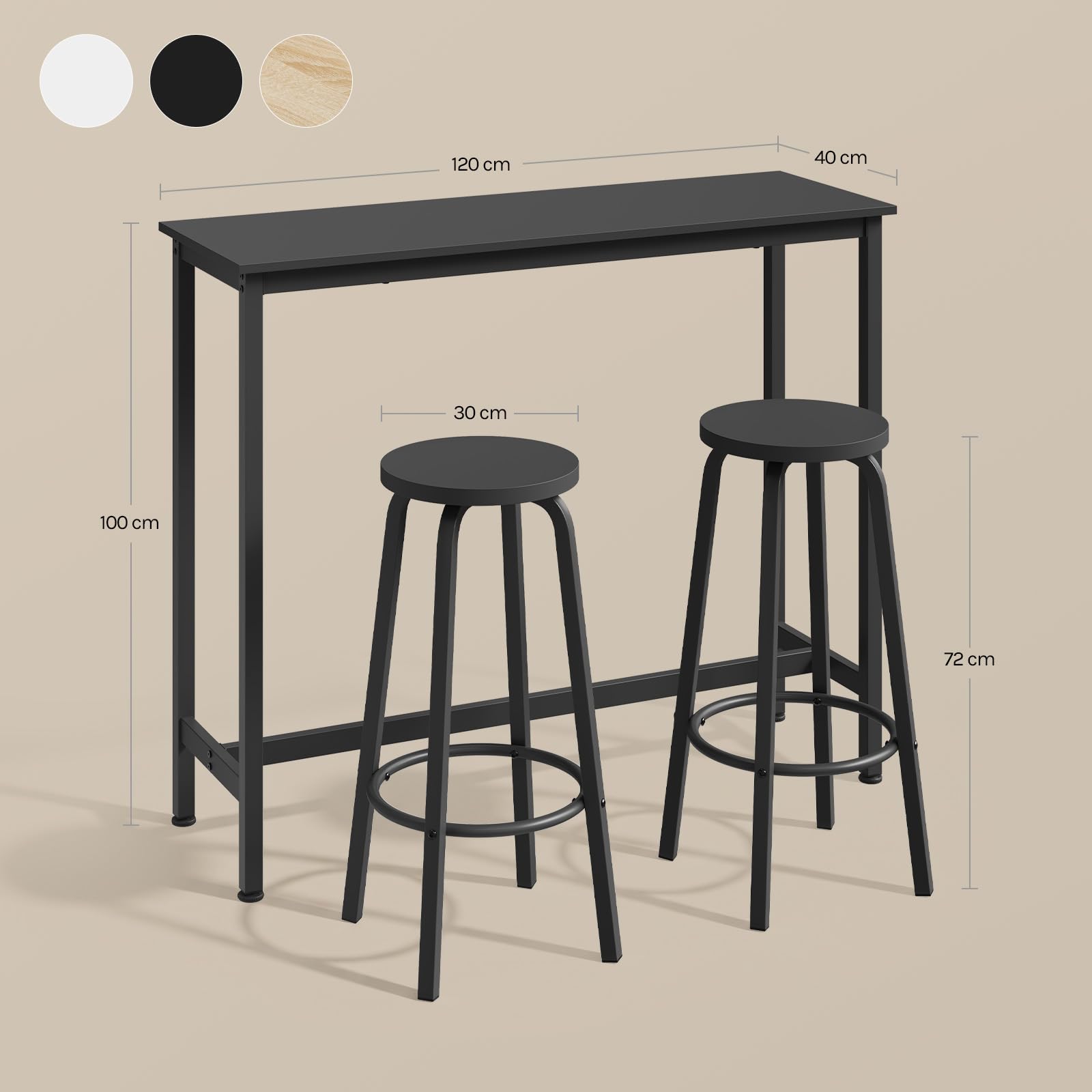 WOLTU Table avec 2 tabourets de Bar, Bar Table à Manger en métal, Mange Debout pour Cuisine, Bar, Bistro, 120x40x100cm, Noir