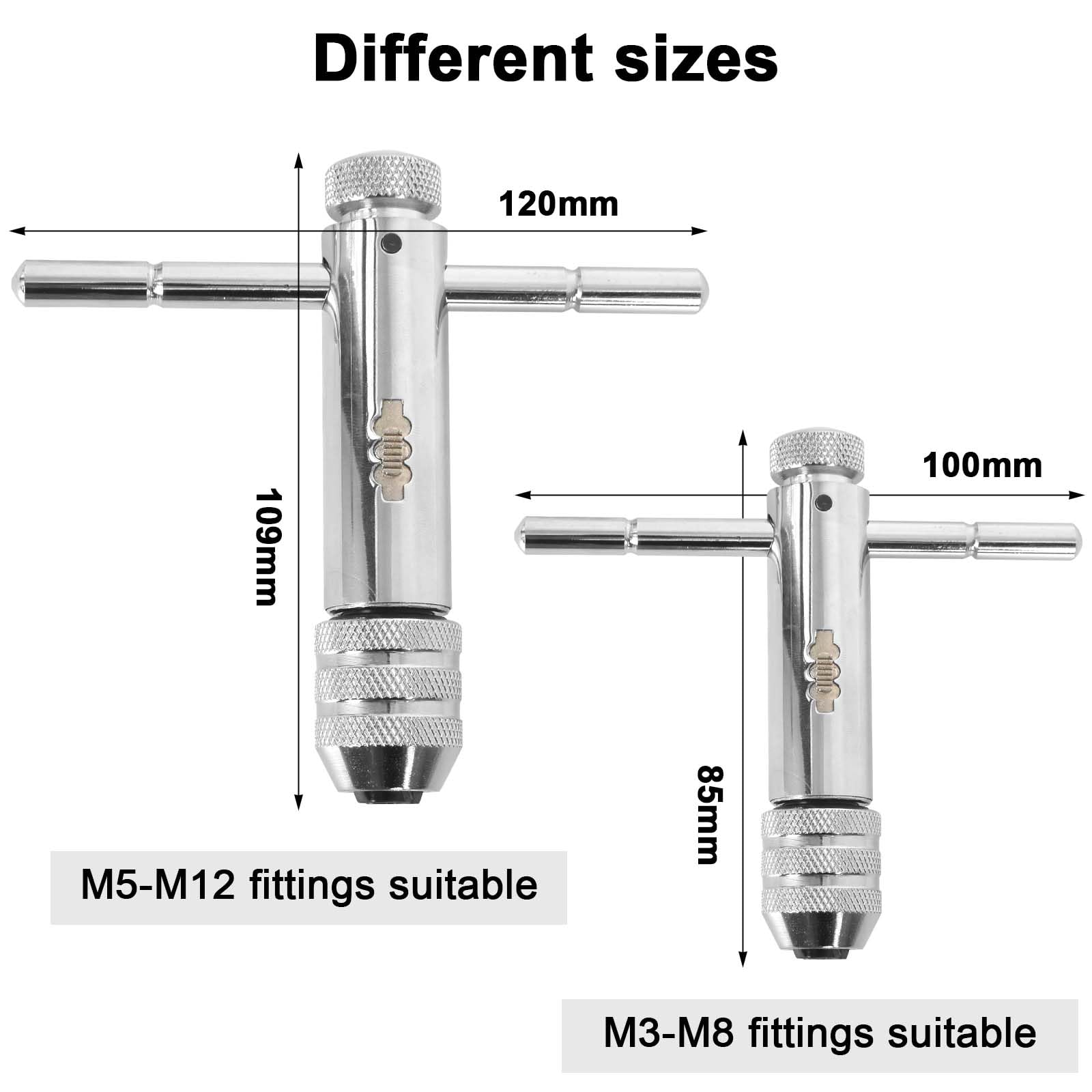Mesee 2-teiliges T-Griff Ratsche Windeisen Set – Verstellbar Für M3-M8 & M5-M12 Gewindebohrer, Reversible Ratschenfunktion, Legierter Stahl