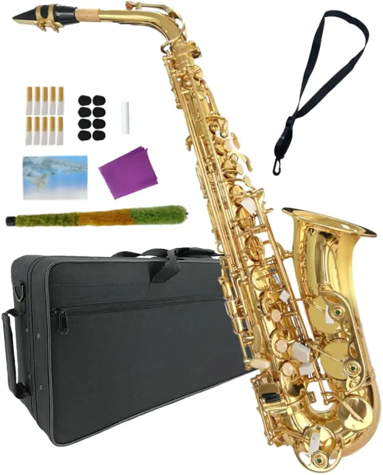 Saxofone alto para iniciantes, laca dourada Eb - Kit completo para iniciantes com estojo e 10 palhetas, para adultos e estudantes, fácil de tocar para banda escolar e prática