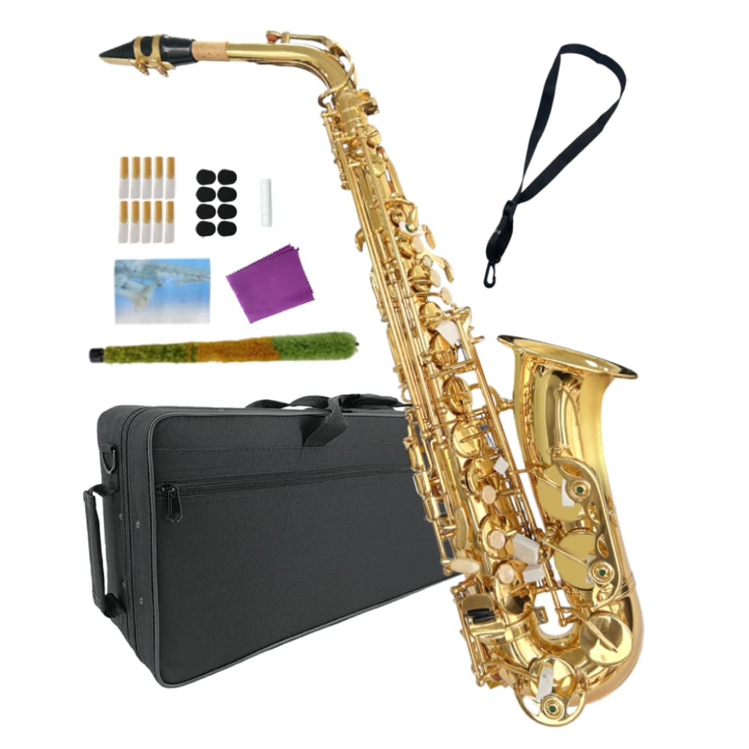 Beginner Alto Saxophone, E Flat - Complete Starter Kit with Case &amp; 10 Reeds, for Adults &amp; Students, Easy to Play for School Band &amp; Practice (Golden)
