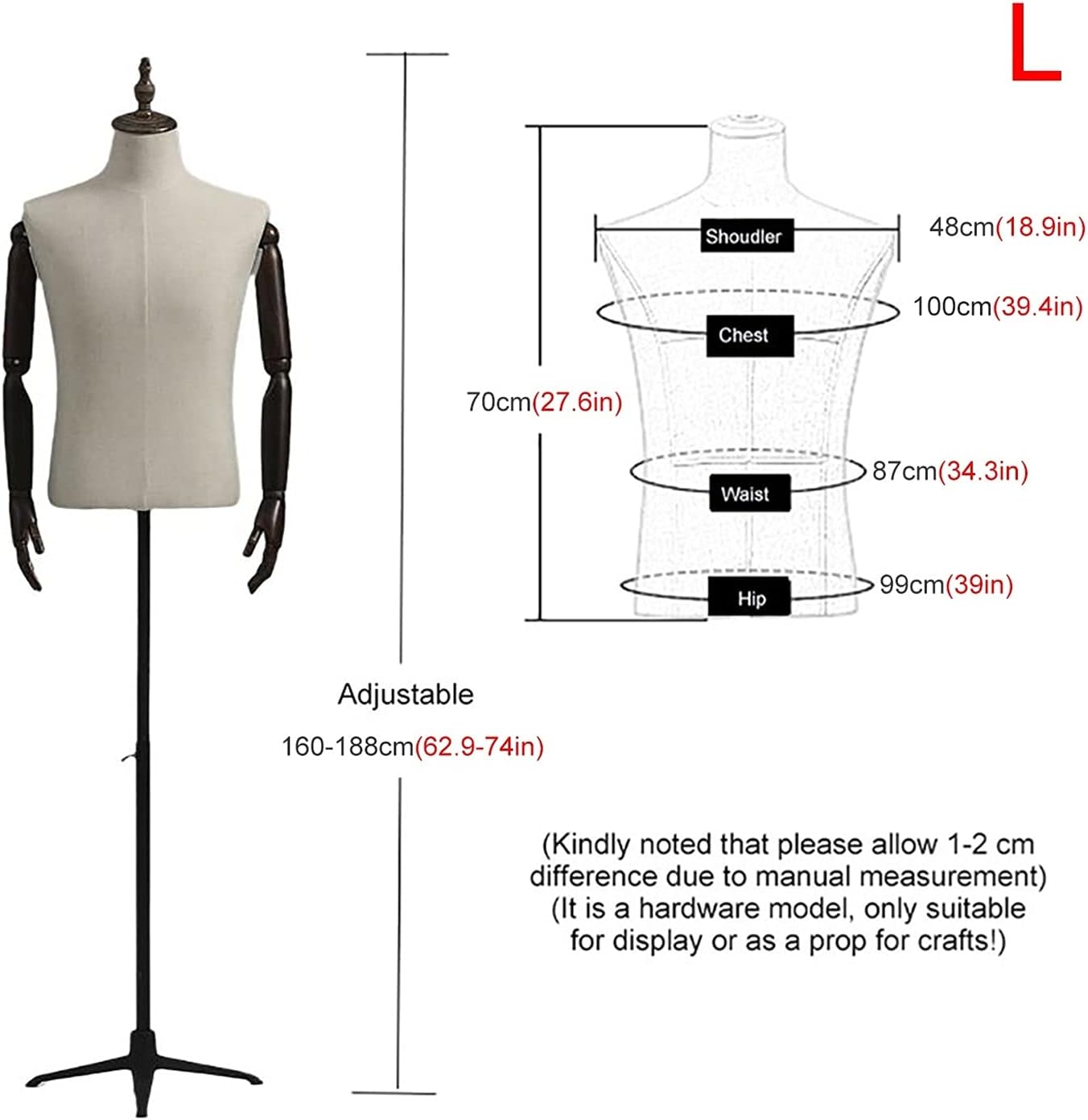 White Male Form Dress Torso Body, Men Manikin Dress Form with Metal Tripod Stand & Wood Arm, for Home/Shop Clothing Display,Gold-L,Gold-L