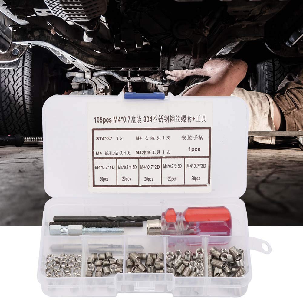 Screw Wire Sleeve Thread Insert, 105pcs Stainless Steel Wire Screw Sleeve Threaded Inserts Repair Kit Set with Tools(M30.5), Thread Repair Kits (M4*0.7 Boxed)
