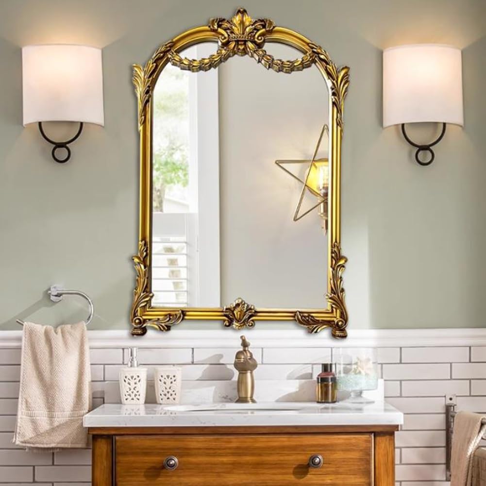 Miroir orné doré Vieilli, 91 x 61 cm, Style Vintage Traditionnel, Miroir de Coiffeuse à Suspendre pour Salon, Chambre, Salle à Manger ou cheminée.