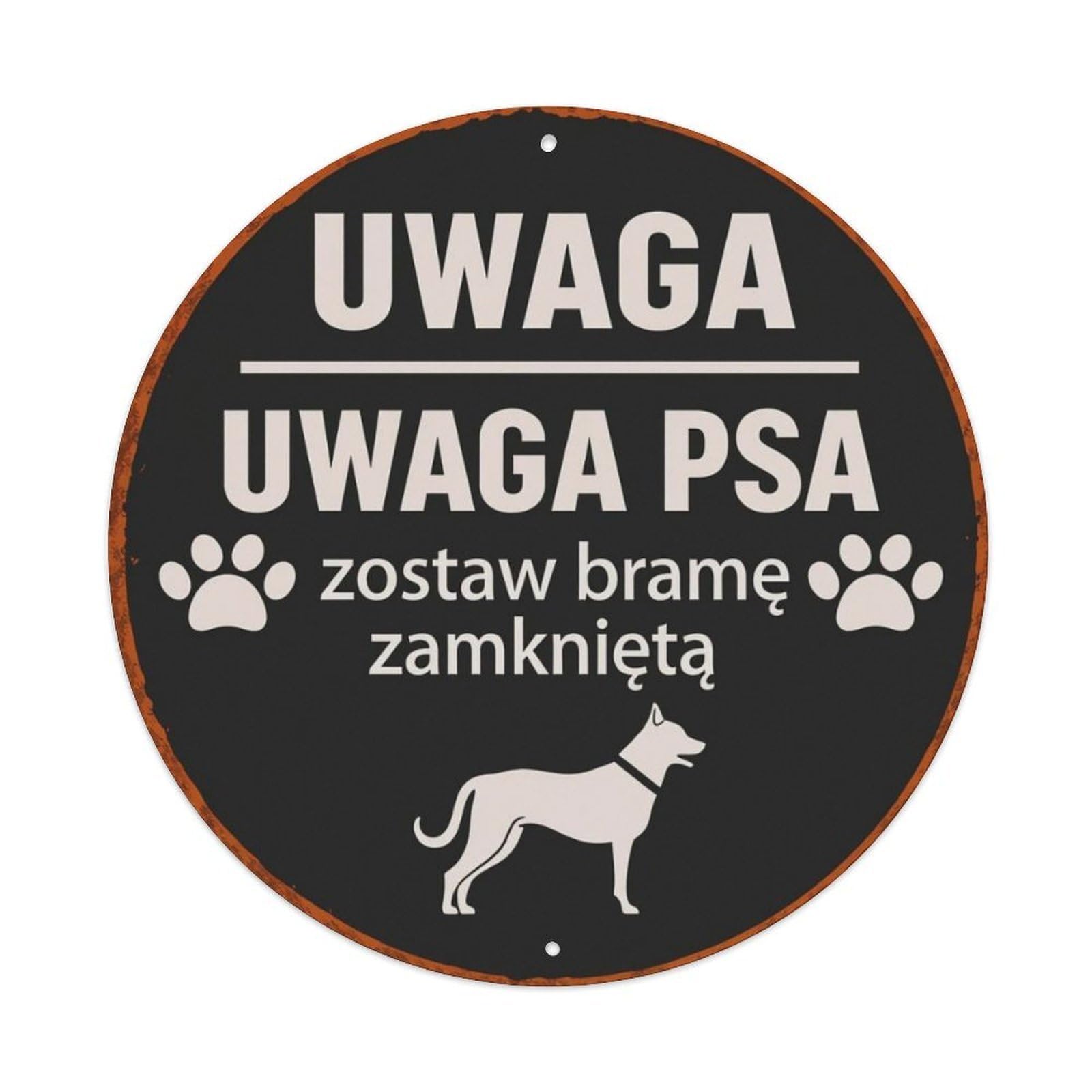 Polish Beware of Dog Paw Silhouette Black Vintage Warning Round Sign Vintage Aluminium Metal Sign, Retro Wall Decor for Home, Bar, Garage & Farmhouse 20x20cm