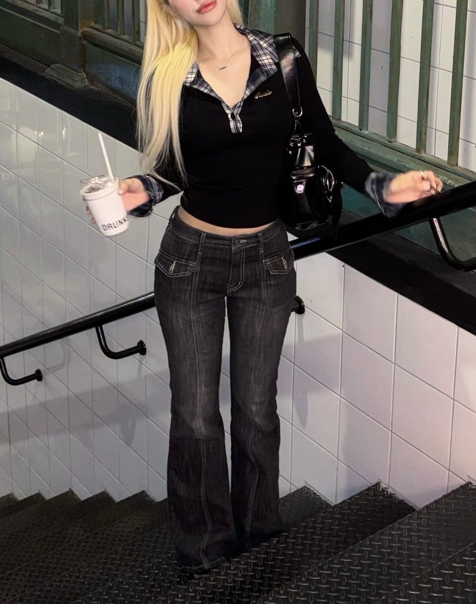 EMMIOL Mid-Low Rise Flare Jeans for Women, Y2K Baggy Boot Cut Flared Bootcut Wide Leg Womens Denim Pants Stretch - Image 4