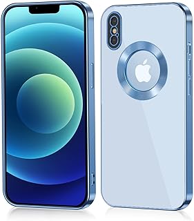 1جراب حماية خلفي شفاف من البولي يوريثين المقاوم للحرارة الناعم مزود بفتحة شعار فاخرة ذهبية بالكامل وحماية للعدسة واتار بلون ذهبي لموبايل ايفون اكس اس (سيرا ازرق) سيليكون