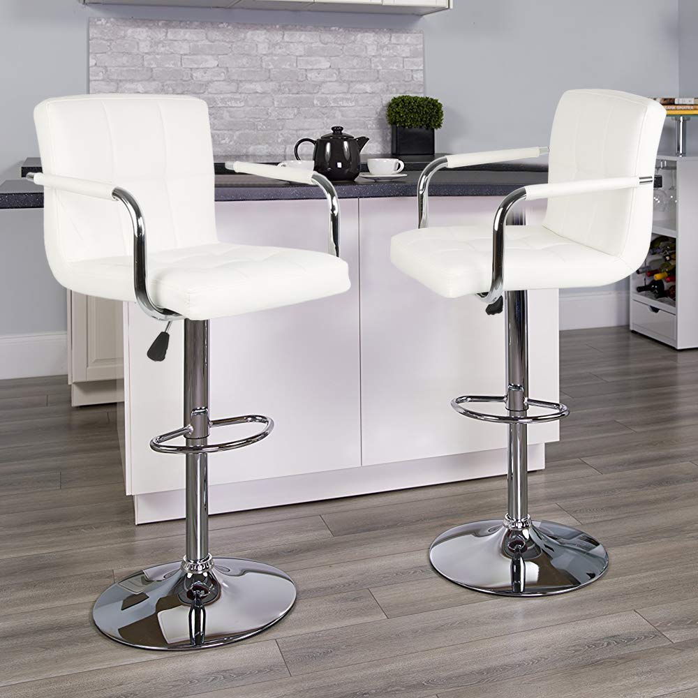 Pack de 2 Taburetes de Bar Tapizado con Reposabrazos,Taburetes Altos de Cocina Moderno con Respaldo y Reposapiés, Sillas de Bar Altura Regulable, Piel Sintética y Metal (Blanco), 43,5×38×87 cm