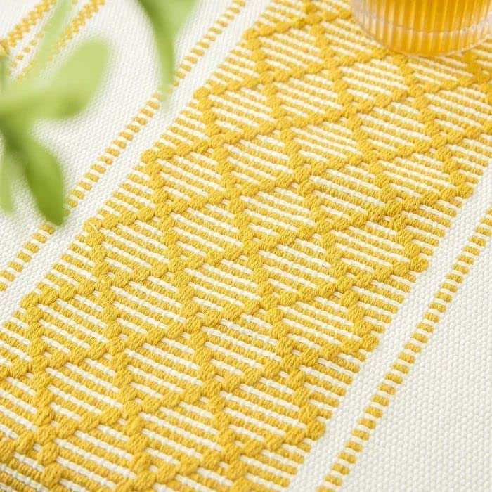 Image of ALSTONIA Luxurious Natural Cotton Handmade Table Runner with Tassels for 6 to 8 Seater Dining Table Self Designer Pattern (14 x 72 inches)-Pack of 1 (Yellow)