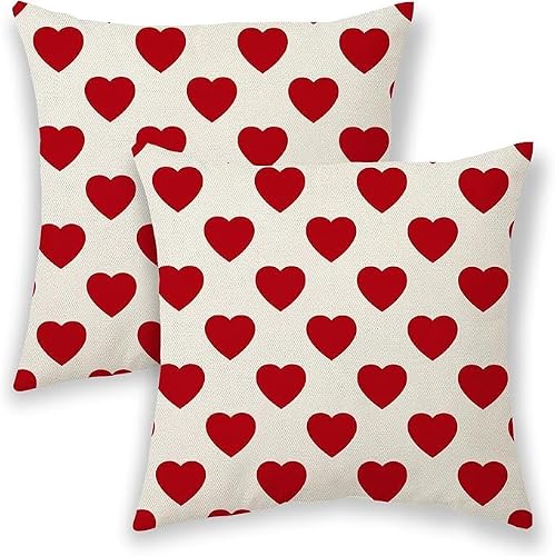 BETGINY Valentines Pillow Covers 20x20, White Red Love Heart Outdoor Decorative Throw Pillows for Couch, Anniversary Decor Cushion Cover 2 Pcs Farmhouse Linen Pillowcase for Bed Car Safa