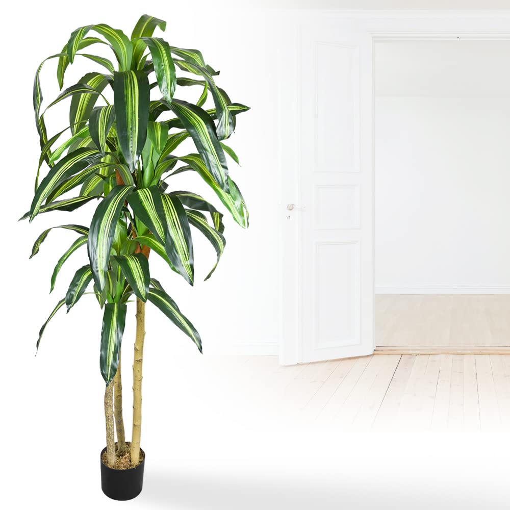 Dragonnier Dracéna Plante Artificielle Artificiel Plastique avec Pot 180cm Bois Véritable Decovego