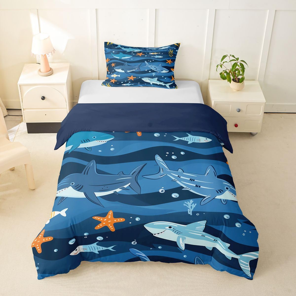 Erosebridal Cute Sharks Toddler Comforter Cover Cartoon Marine Life Duvet Cover for Kids Teens Abstract Sea Wave Microfiber Bedding Set Starfish Sea Animals Bed Set with Zipper