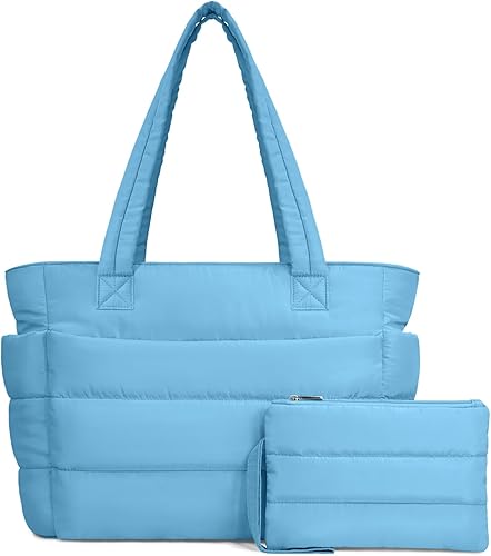 Miniatura 27 de TOPDesign Bolsa Tote Acolchada para Mujer, Bolso de Mano Ligero Inflado con Compartimentos, Bolsa de Hombro Acolchada para Trabajo, Viajes, Gimnasio