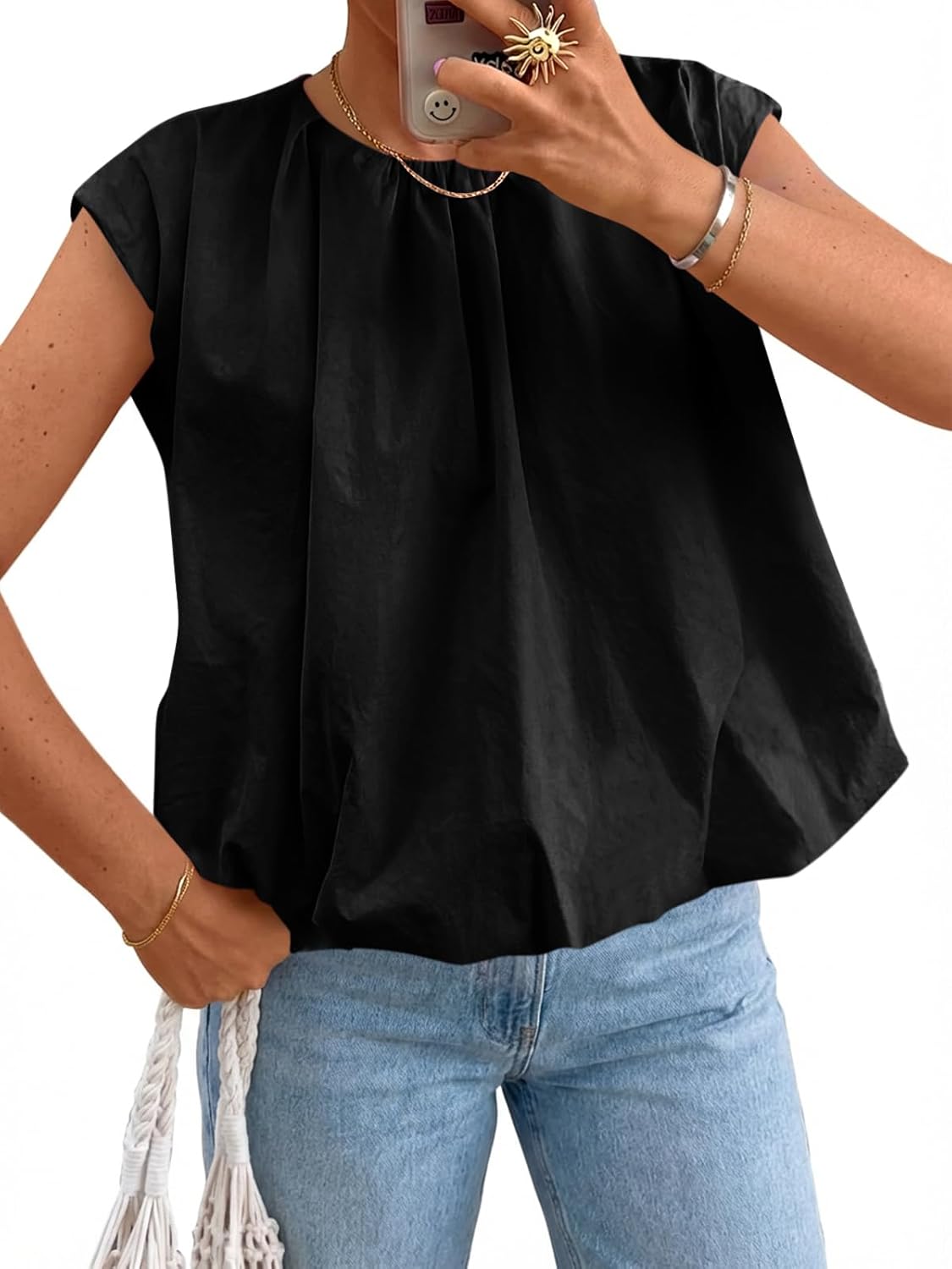 Cicy Bell Womens Summer Cap Sleeve Blouses Casual Pleated Open Back Crew Neck Bubble Tank Tops Bow Tie Cotton Shirts