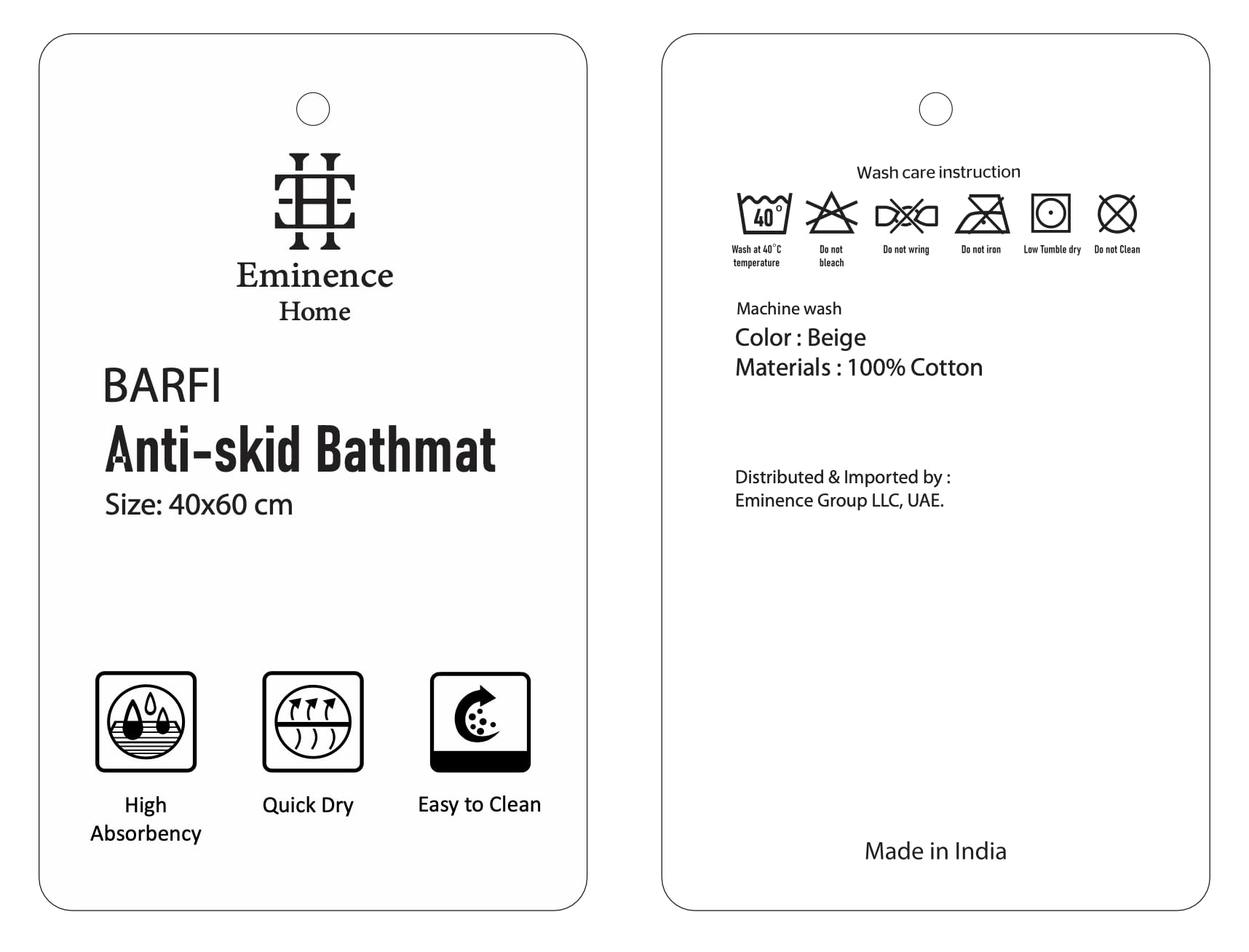 Barfi Soft Cotton Anti-slip Bathmat 40x60cm - Beige, Highly Water Absorbent, Faster Drying, Durable, Suitable for High Traffic Areas, Bathroom, Kitchen, Living Area, and Kids Room