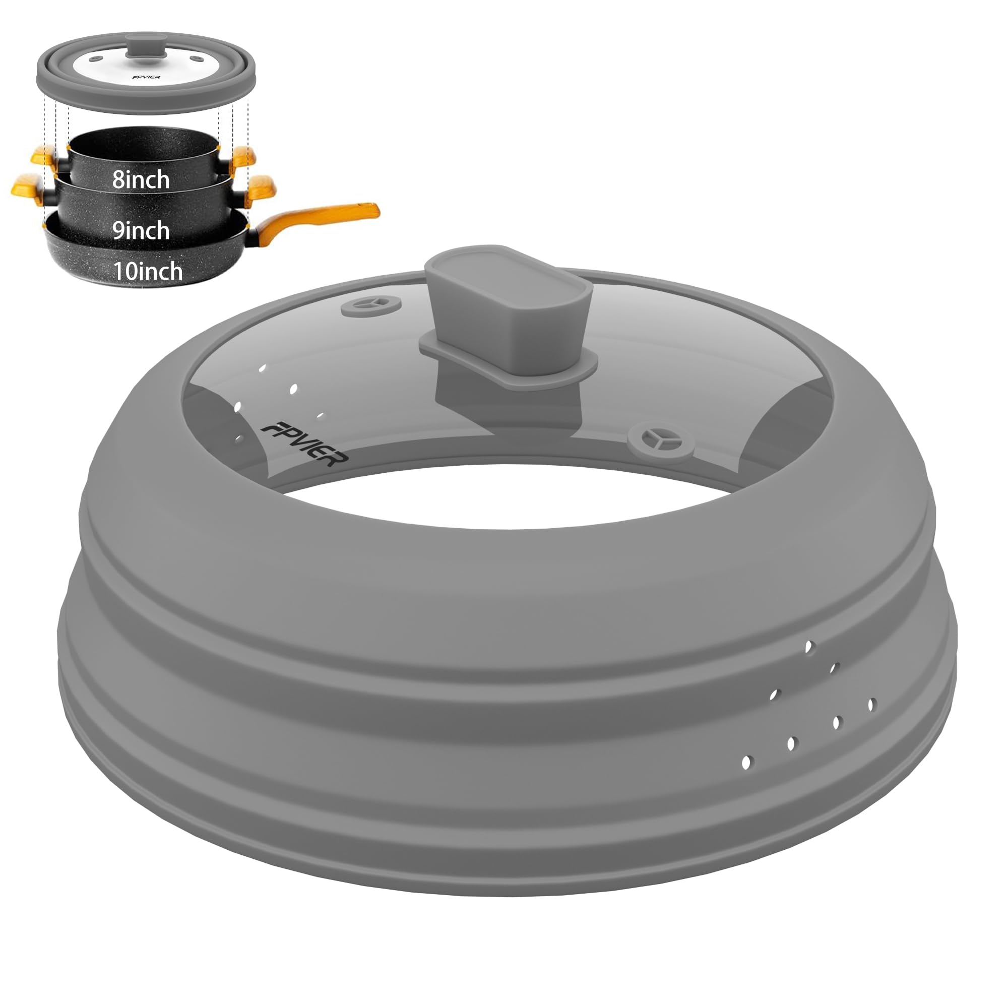 Cubierta de salpicaduras de microondas, cubierta de silicona ventilada y vidrio, tapa protectora contra salpicaduras, tapa plegable para alimentos con mango de fácil agarre. (gris, 10.5 pulgadas)