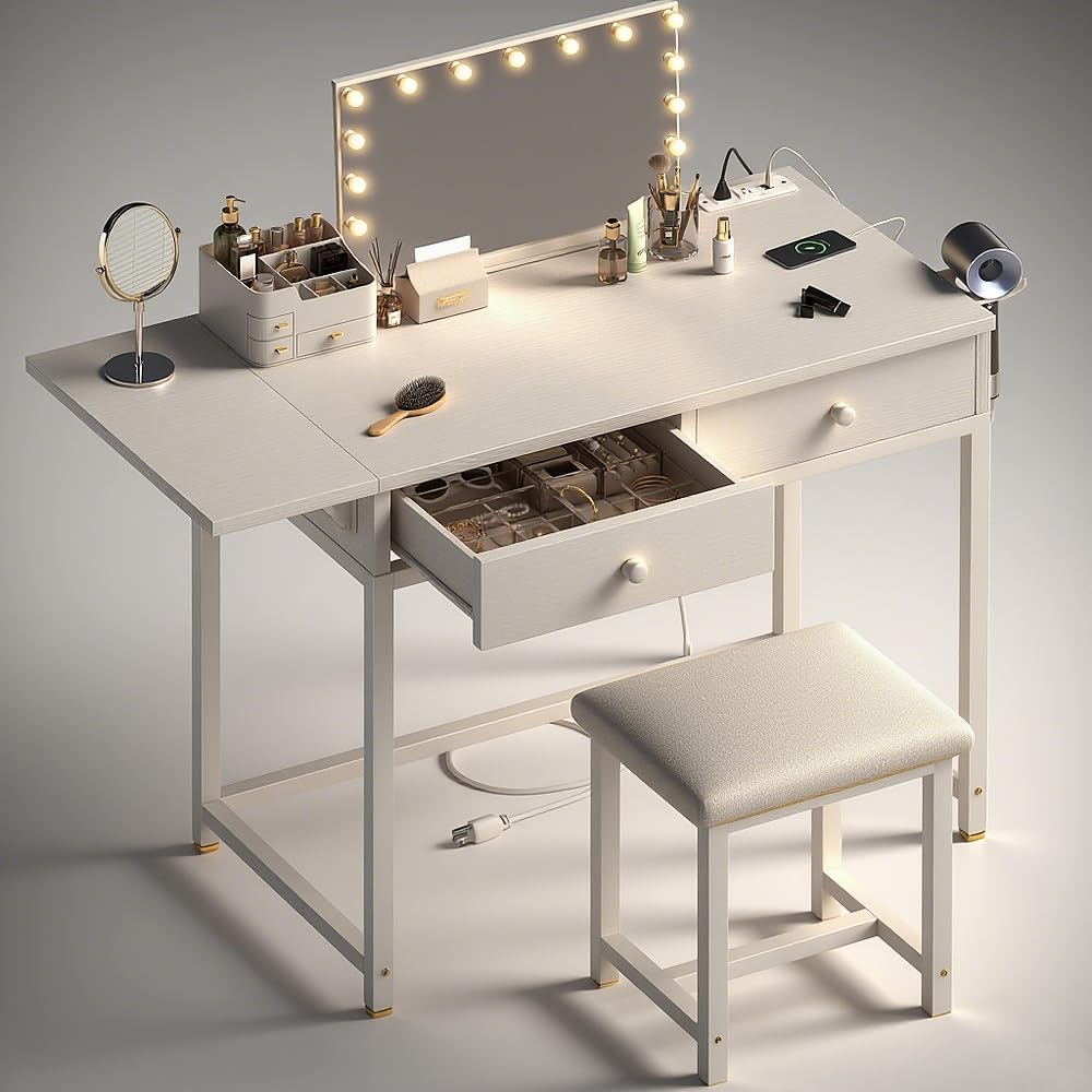 Scrivania da trucco in legno bianco con specchio, 3 cassetti e sgabello, minimalista, per camera da letto o per riporre cosmetici