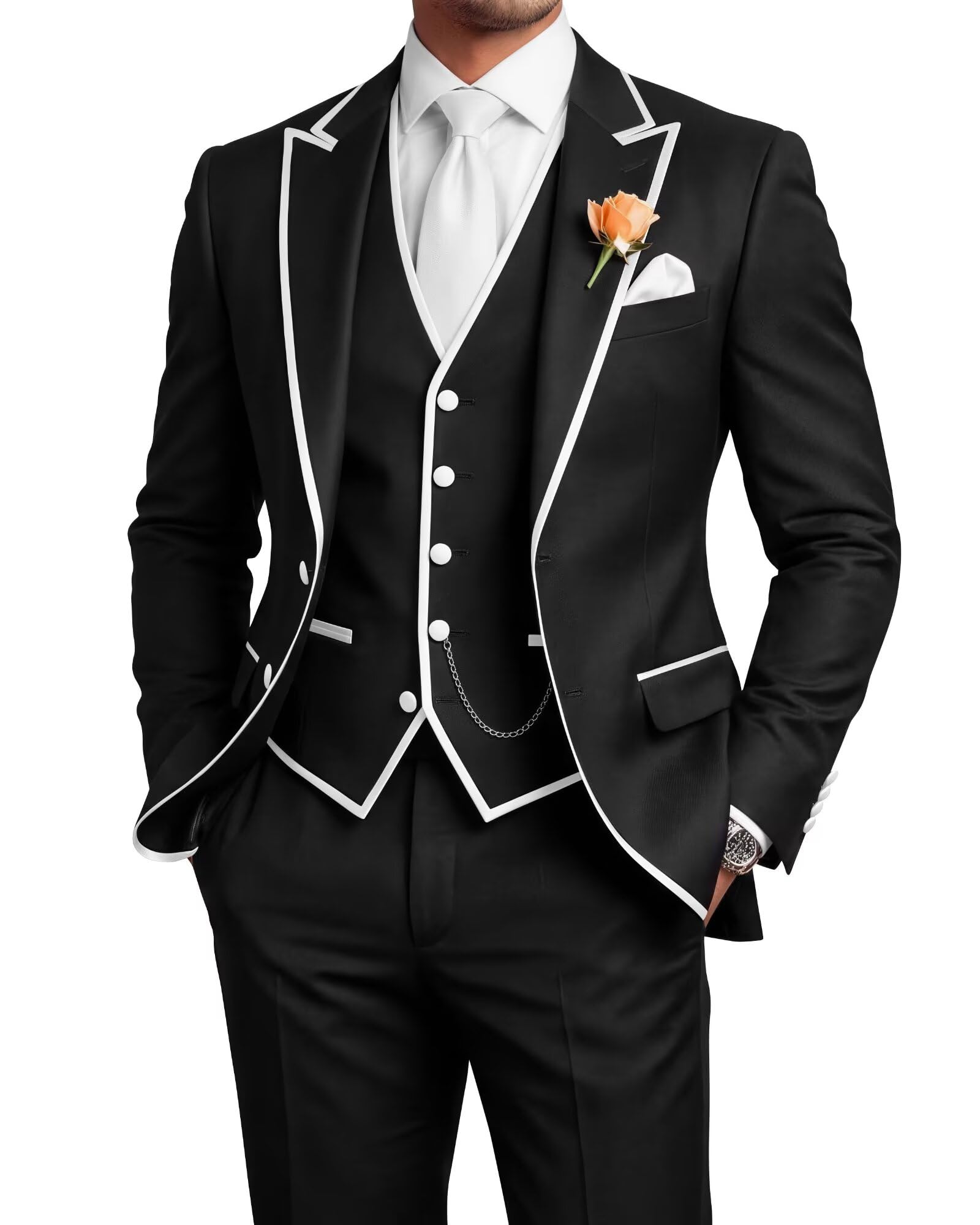 Men's 3 Piece Tuxedo for Men Slim Fit Black Wedding Suits for Groom Groomsman Prom Graduation Jacket Vest Pants