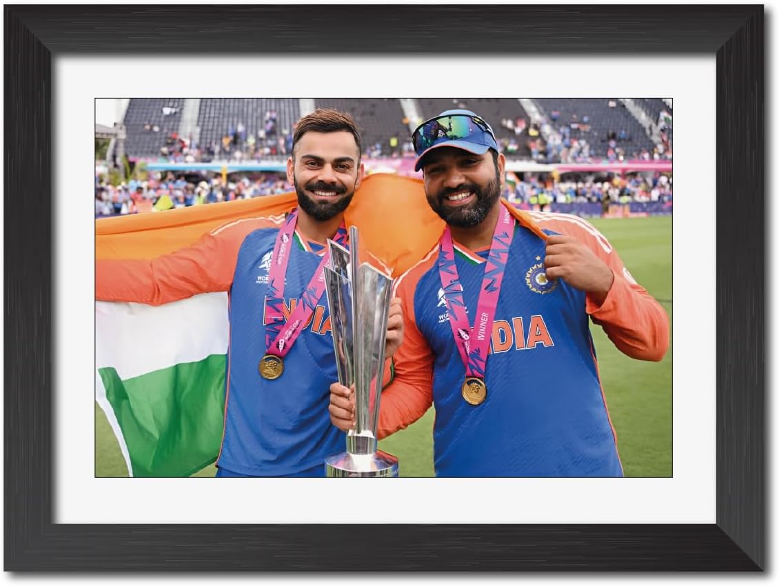 TenorArts Virat Kohli Rohit Sharma Worldcup Poster Indian Cricket Photo Framed Painting with Matt Finish Black Textures (12 inches x 9inches)