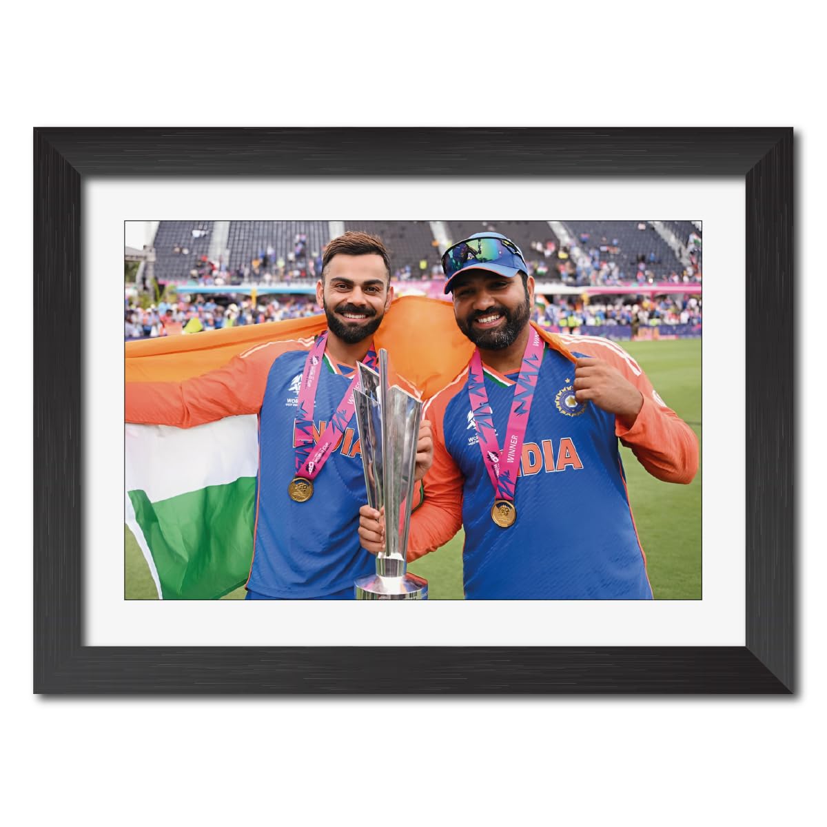 TenorArts Virat Kohli Rohit Sharma Worldcup Poster Indian Cricket Photo Framed Painting with Matt Finish Black Textures (12 inches x 9inches)