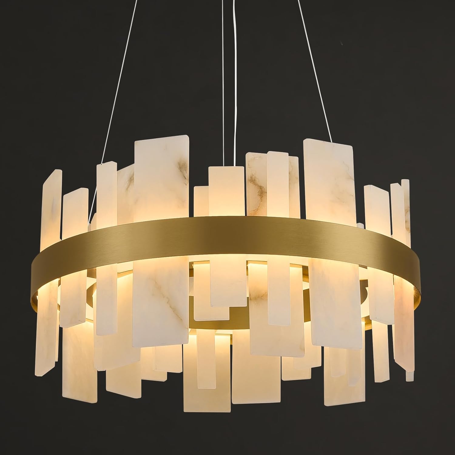 Alabaster Round Chandelier, 24in Brass LED Dimmable Pendant Light Fixture, Natural Spanish Marble Chandelier Adjustable Over Table Chandelier for Dining Room, Living Room, Bedroom, Foyer, Entryway