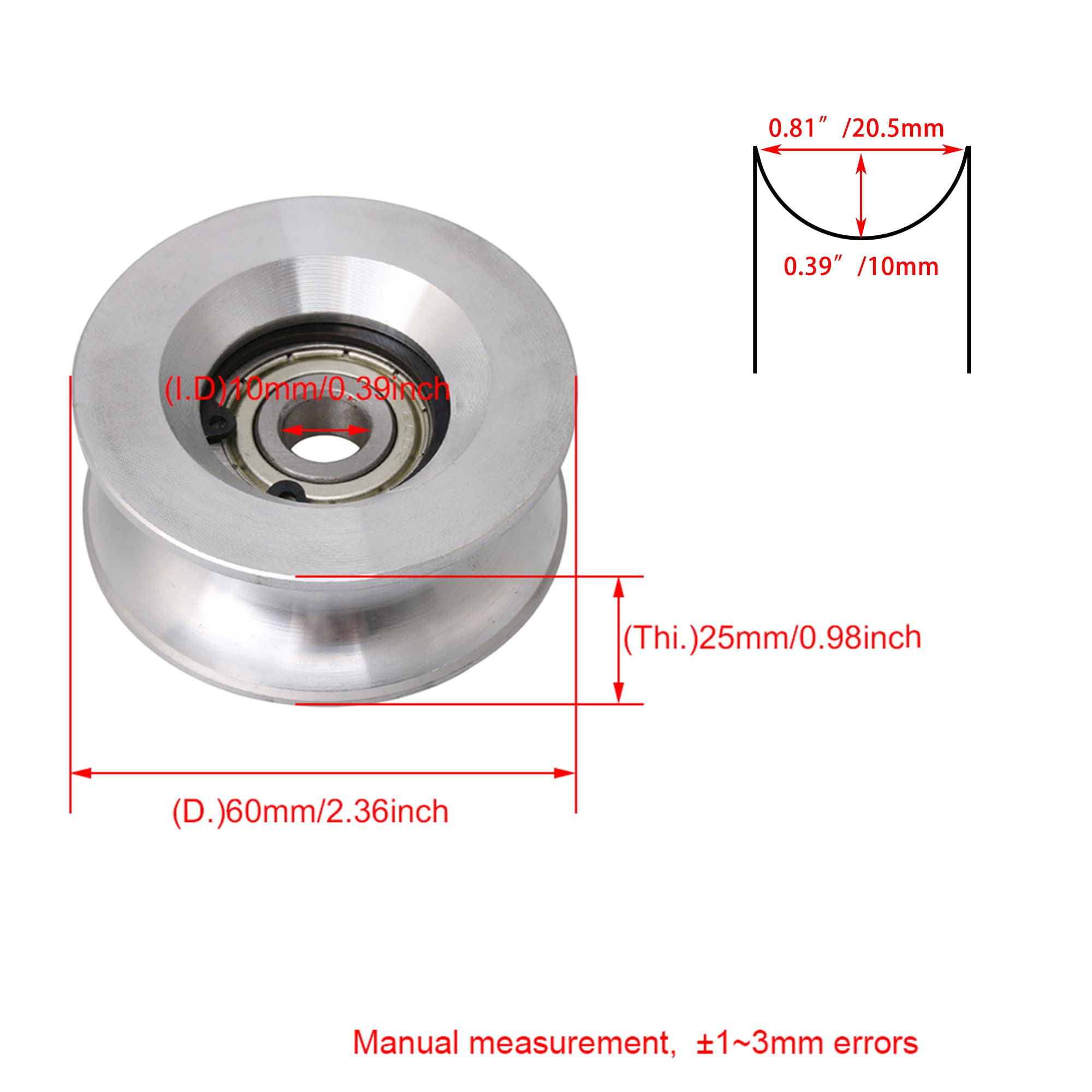 10x60x25mm Bearing Steel Aluminum Passive Round Guide Pulley Wheel Rail Roller Load 199KG for Steel Wire Rope Idler Wheel — Amazon image 2