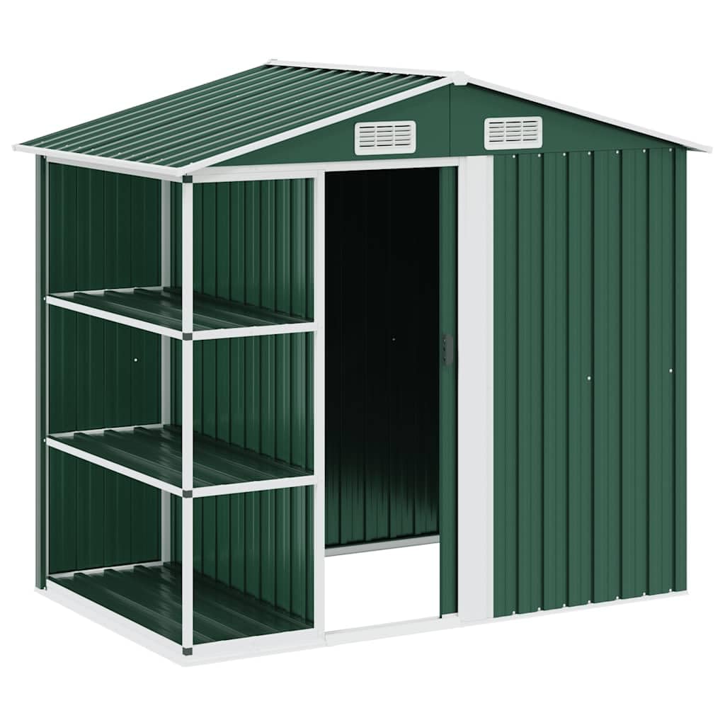 Caseta de jardín con estante, cobertizo de hierro galvanizado verde, 205 x 130 x 183 cm, puerta corredera, rejillas de ventilación, protección contra el viento, para herramientas y espacio de